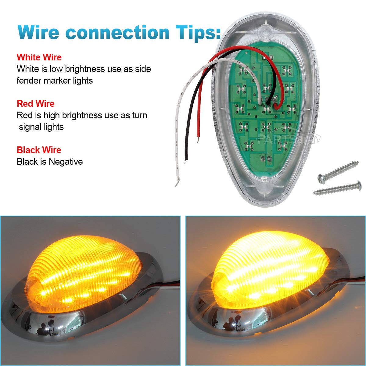Partsam 2X Clear Lens 5-7/8 Amber 15Led Side Marker Lamp Turn Signal Teardrop Light W Chrome Bezel Replacement For Trucks Freightliner Columbia Coronado Classic Century