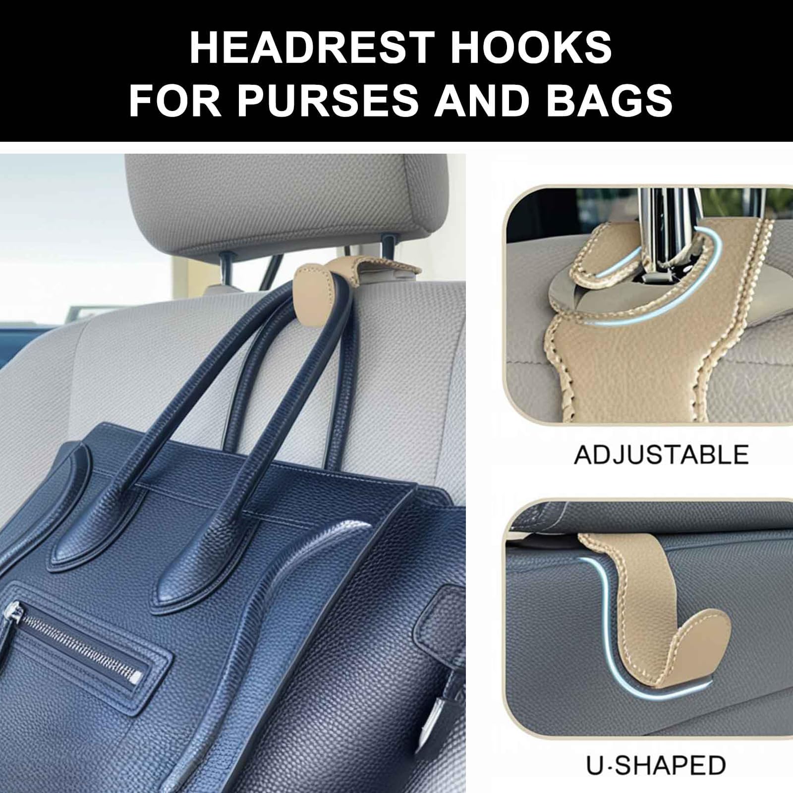 Eldhus Car Seat Hooks For Purses And Bags, 2 Pack Car Purse Holder For Grocery Bag Handbag Clothes, Metal Headrest Hooks Covered