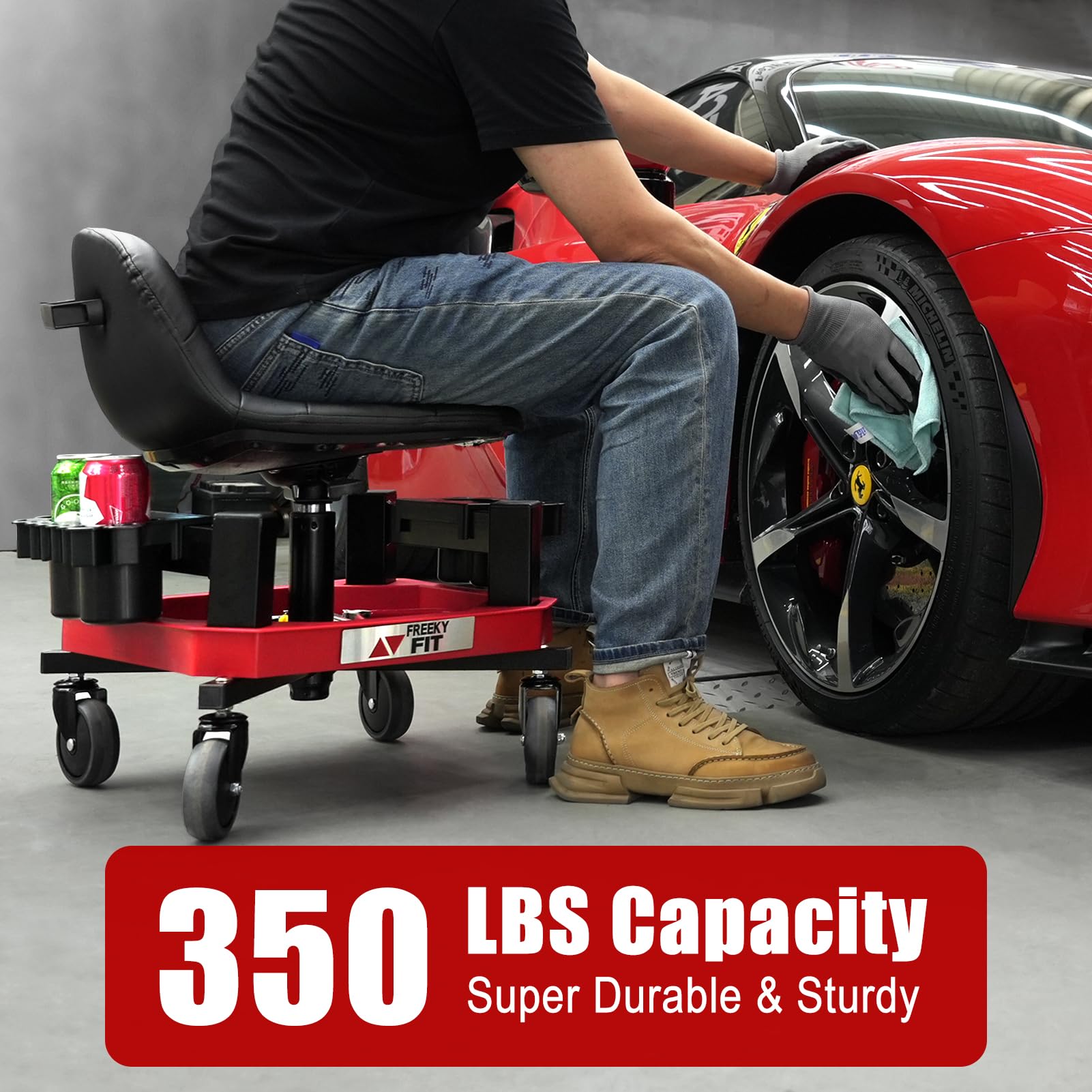 FreekyFit Rolling Shop Stool with Wheels, Adjustable Garage Mechanic Stool Seat Shop Roller Work Chair Mobile Rolling Seat with