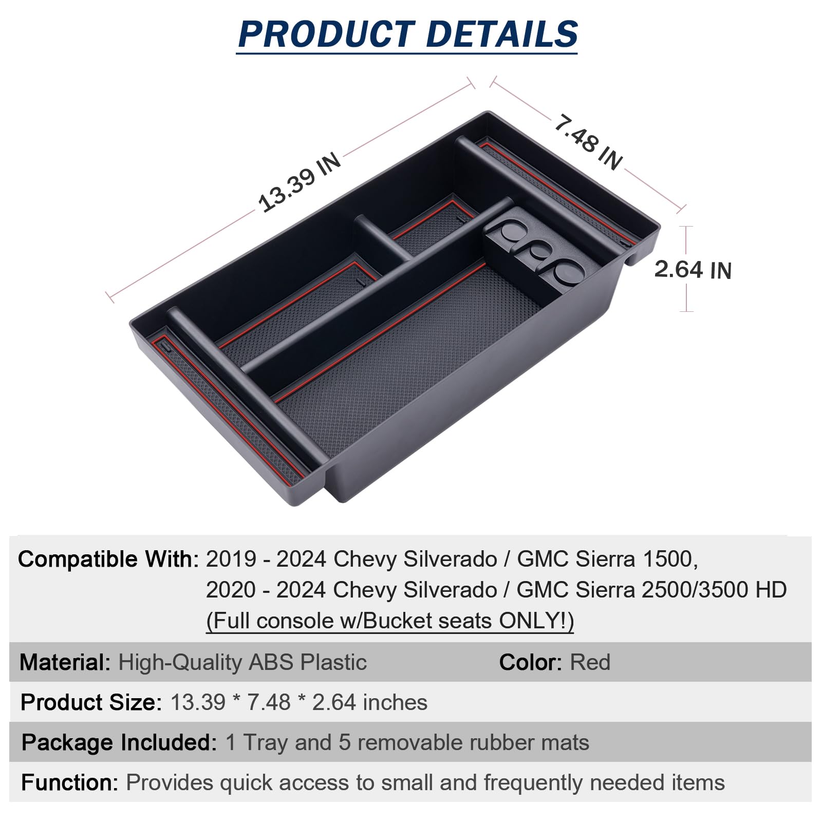 TOPINSTALL Red Center Console Tray for 2019-2023 Chevy Silverado/GMC Sierra Bucket Seats - Rubber Accessory