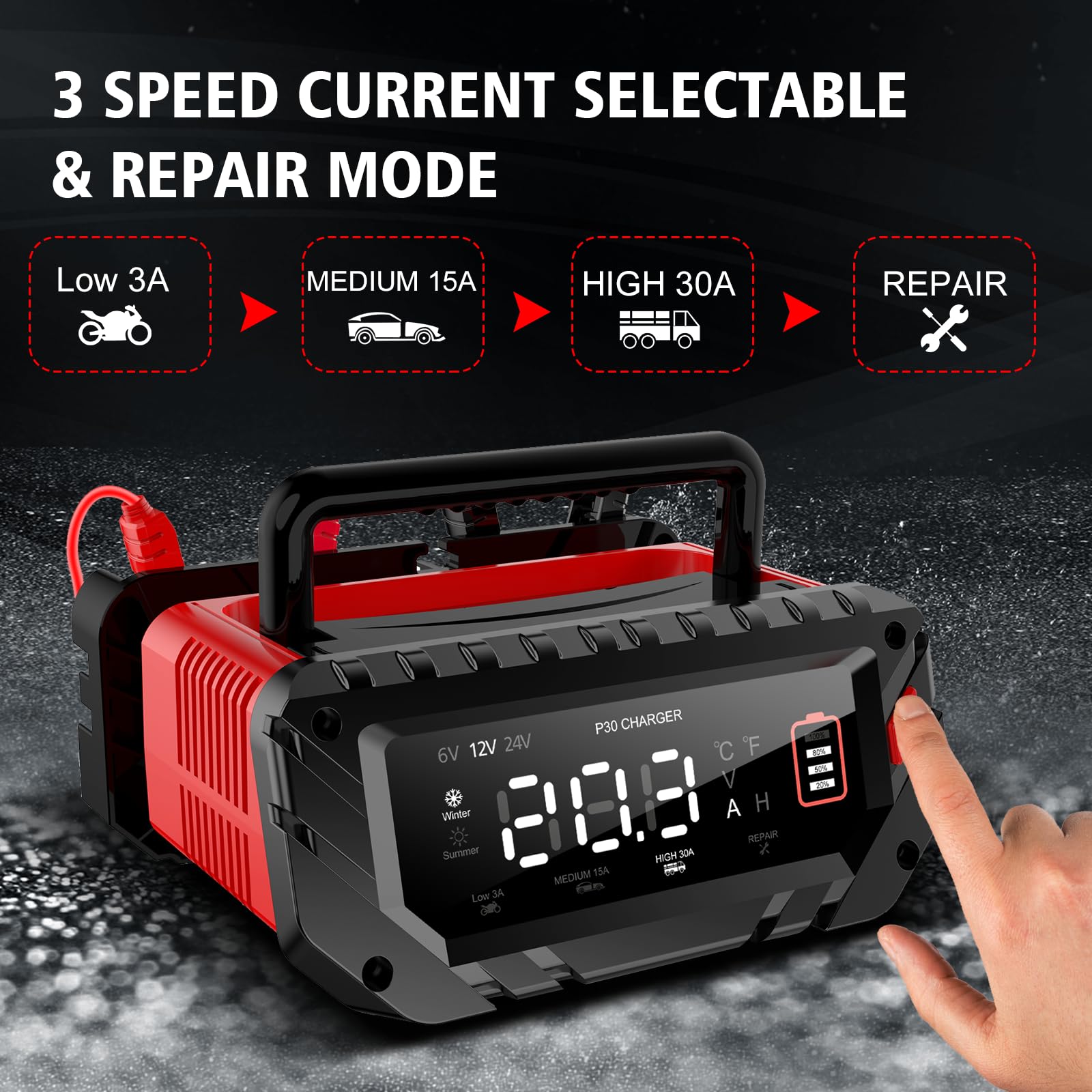 30 Amp Lithium Battery Charger,6V/12V/24V Lifepo4,Lead-Acid(Agm/Gel/Sla..) Portable Car Battery Charger,Battery Maintainer, Smar