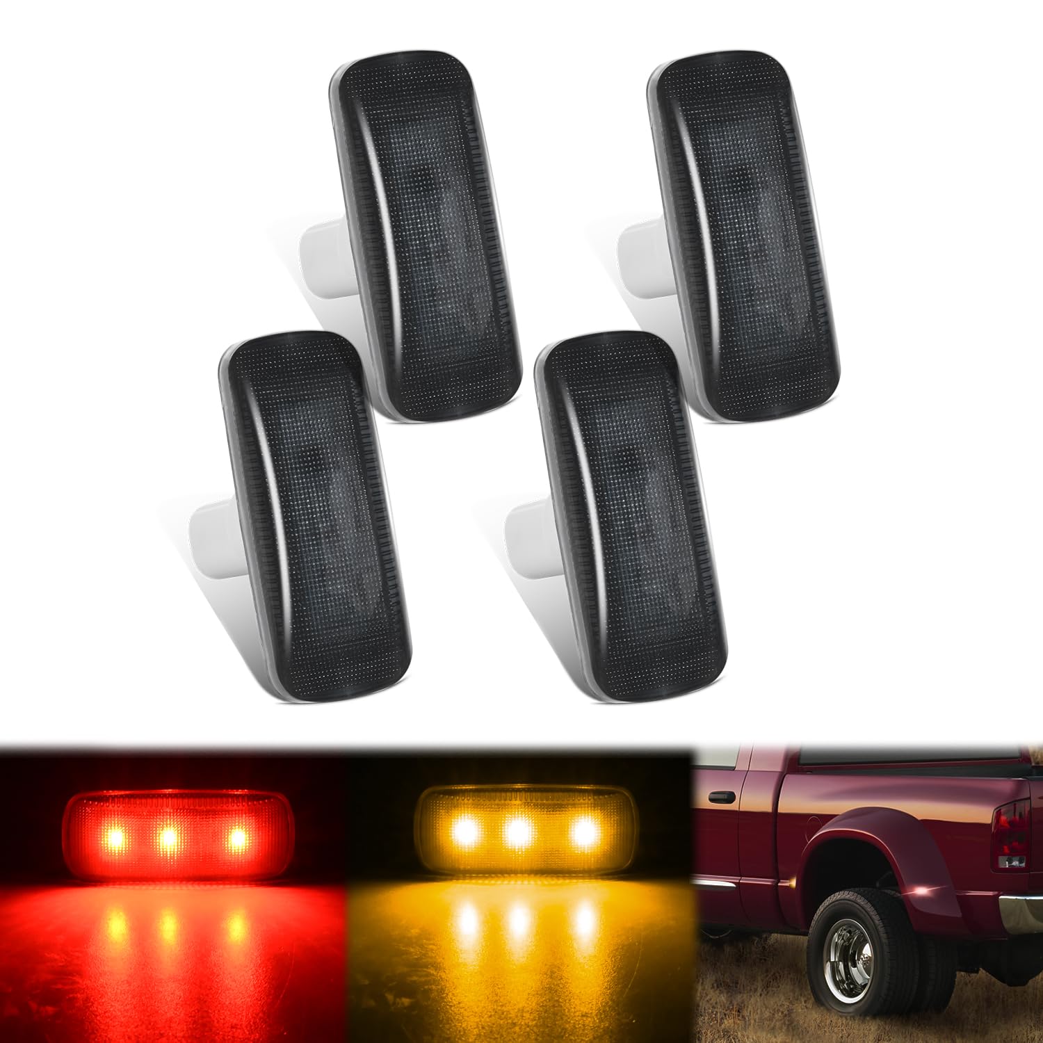 Nilight Wheel Fender Side Marker Lights 4 Pcs 3 Led Red Amber Front Rear Clearance Waterproof Plug And Play Smoked Lens Light Co