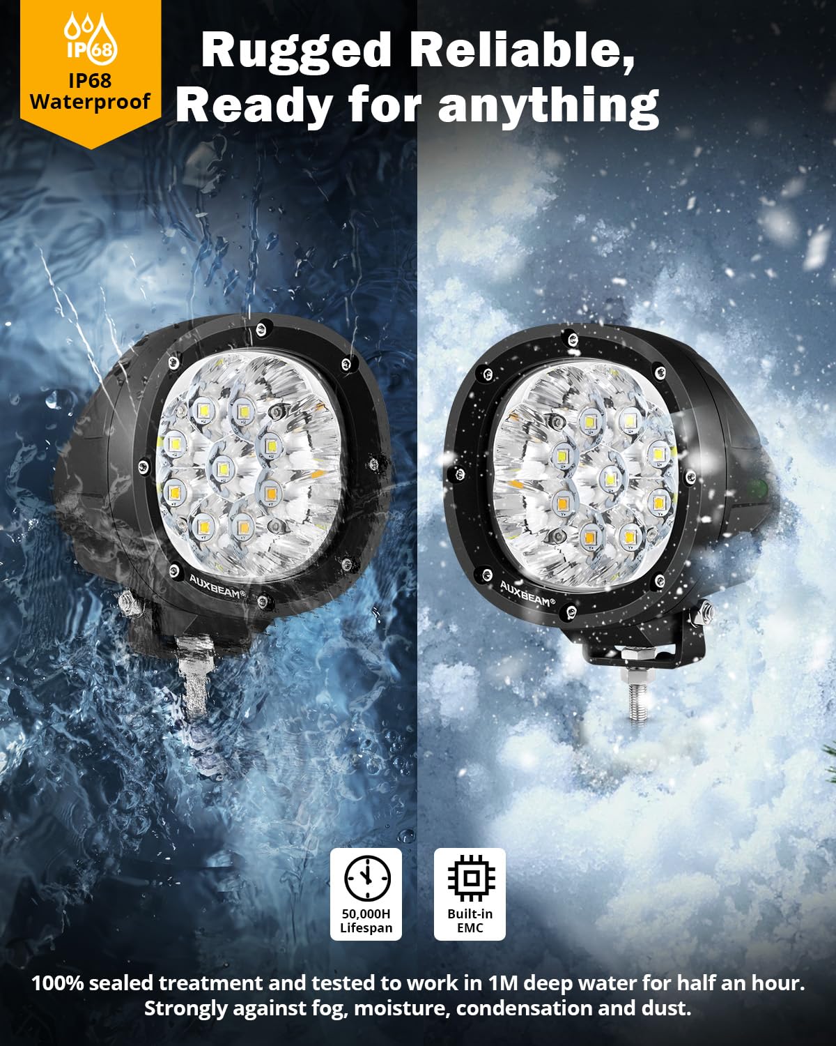 Auxbeam 6 Modes Amber White Round Led Offroad Lights, 4Inch 90W Dual Color Strobe Light Bar Off Road Fog Lights, Spot Beam Flash