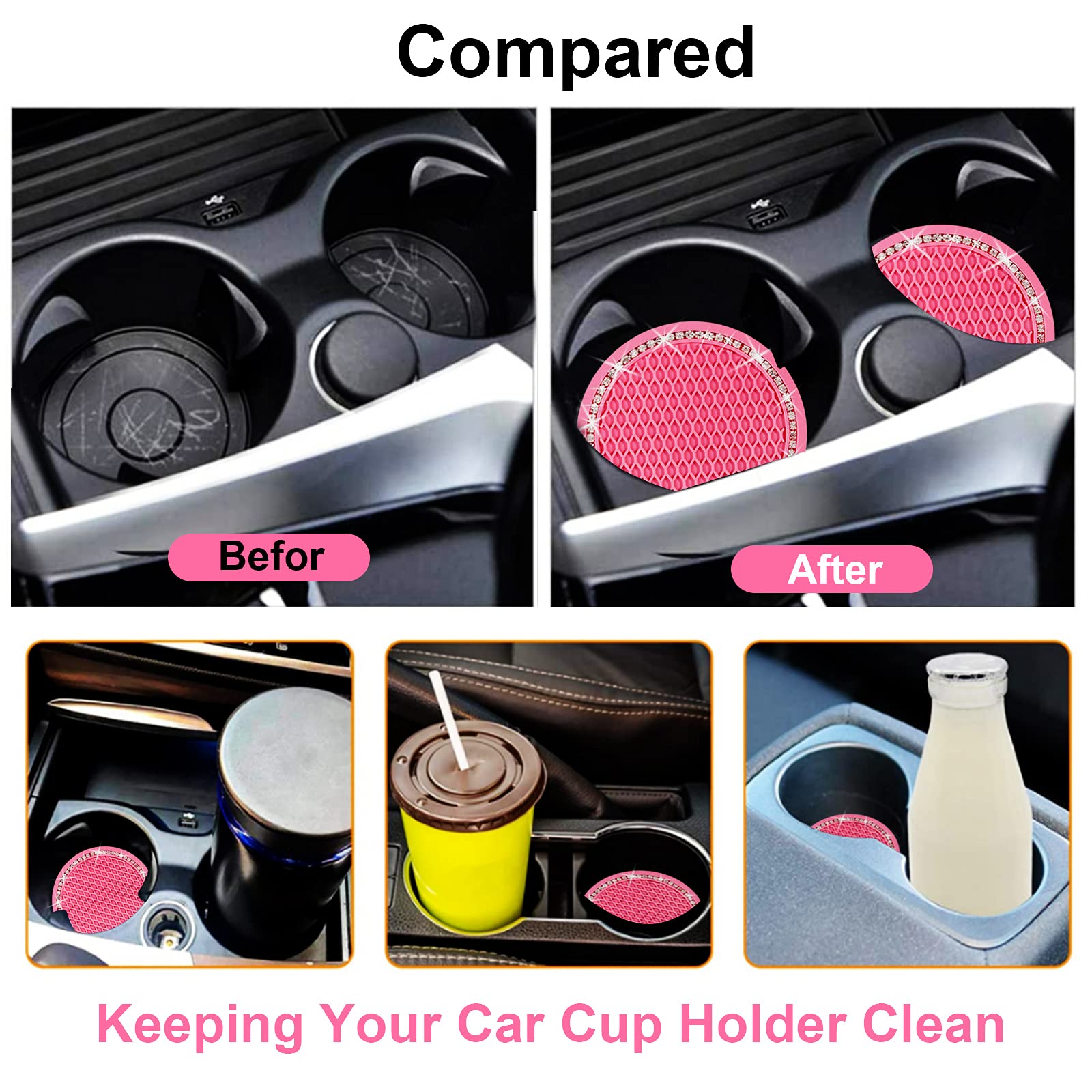 2PCS Bling Car Cup Coaster, 2.75 Inch Auto Cup Holder Insert Coasters Silicone Anti-Slip Crystal Rhinestone Drink Mat, Universal
