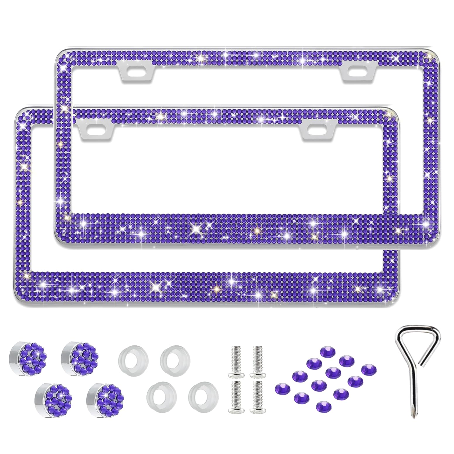 Runone 2 Pack Bling License Plate Frame For Women,Sparkly Rhinestone Stainless Steel License Plate Holder,Car Accessories With G