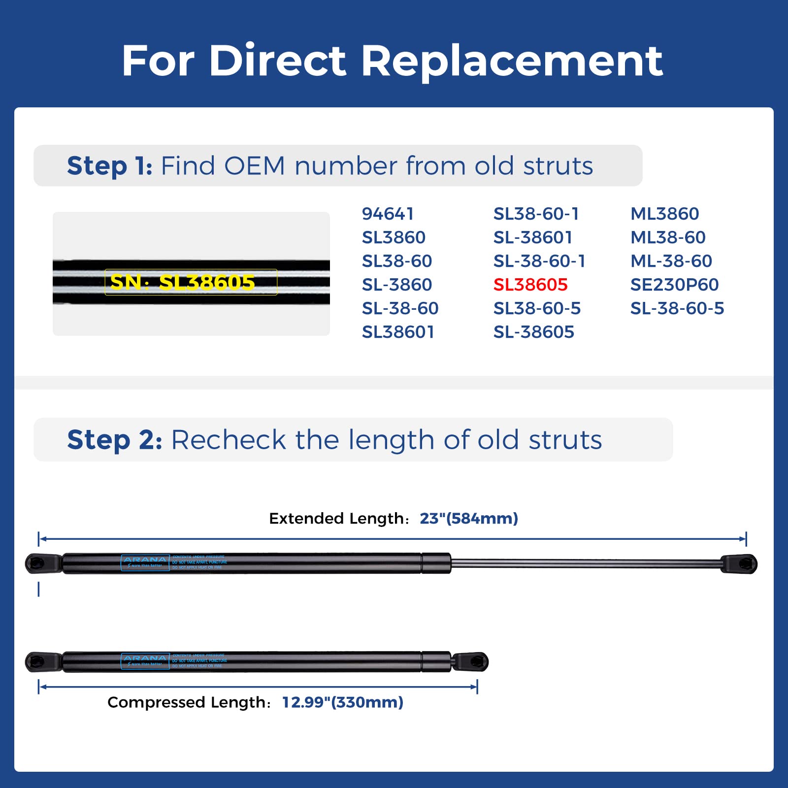 Arana Ml3860 23 Inch 60Lb Gas Struts Prop Springs Shocks, Se230P60 23'' 60Lb Replacement Lift Supports For Rv Bed Camper Shell T