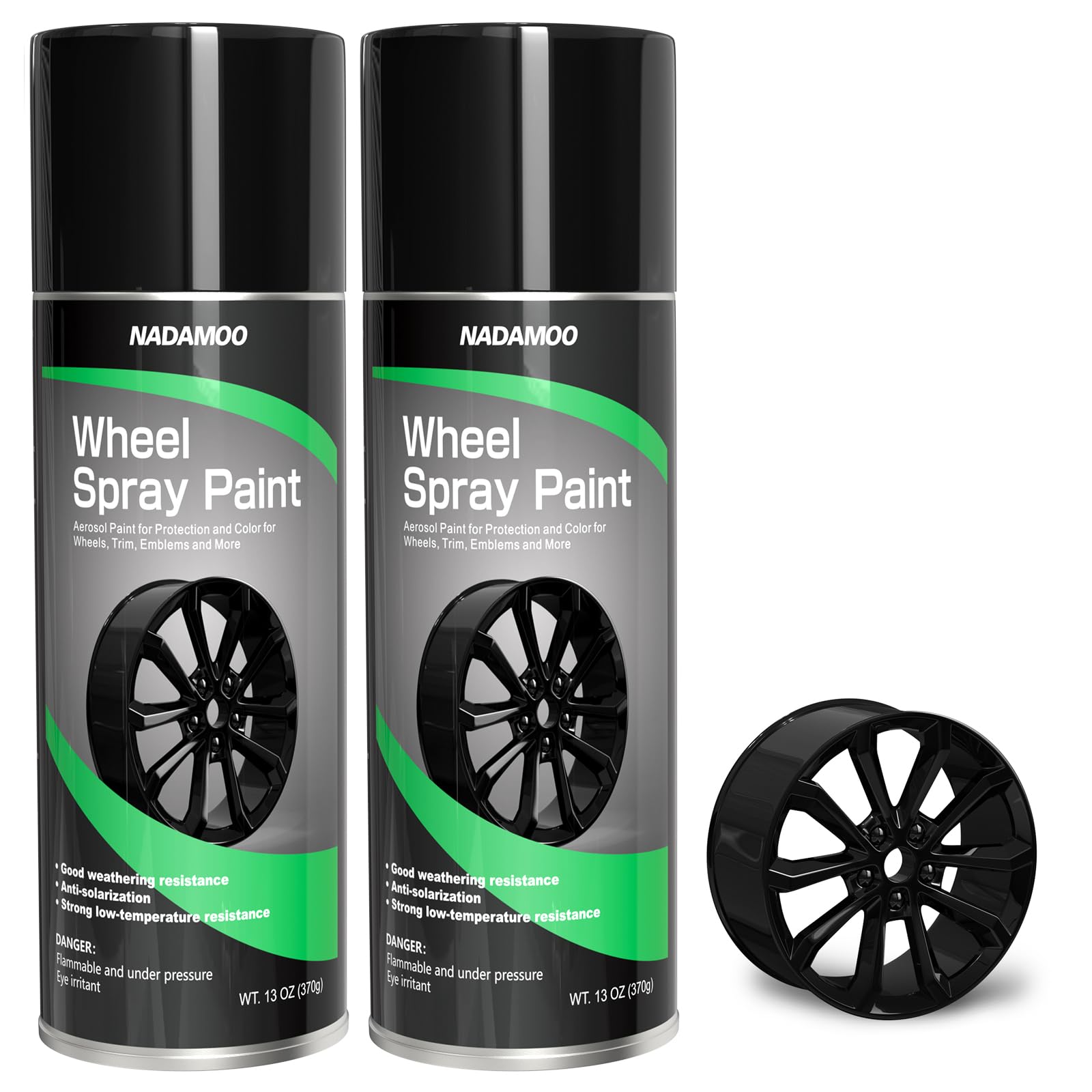 Nadamoo Aluminum Wheel Spray Paint, Aerosol Paint For Car Rim Recolor And Protection Of Metal Surface, Gloss Black, 2 Cans, 13 O