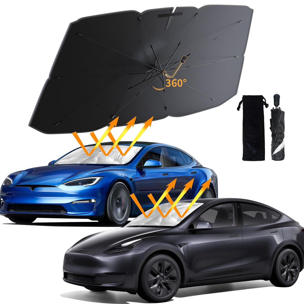 Helloleiboo Car Windshield Sun Shade For Tesla Model 3/ Model Y/Model S [2025 Upgrade] 360Rotating 55 ''X35 '' Windshield Sun Sh