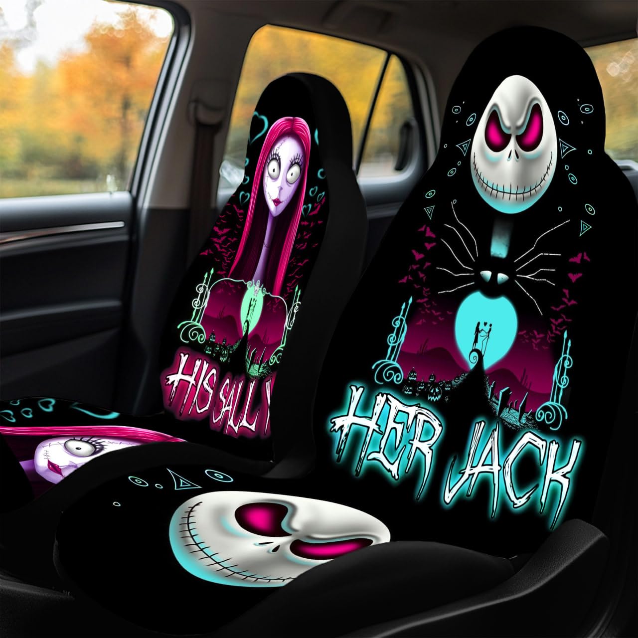 Genany Horror Nightmare Skellington Couple 2 Front Car Seat Covers For Car Truck Sedan Suv, Halloween Car Seat Cover, Durable Au