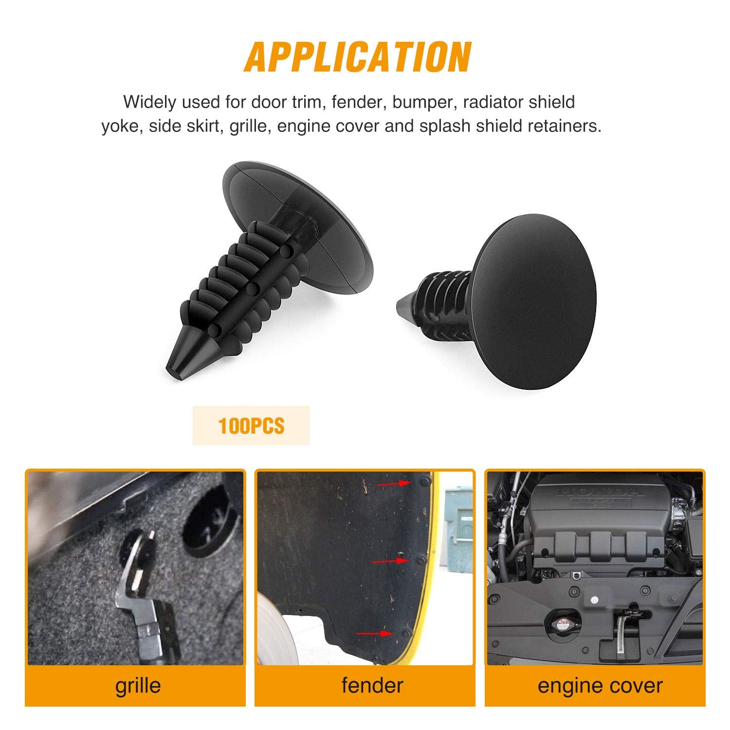 GOOACC Nylon Bumper Fastener Rivet Clips Fender& Bumper Shield Retainer for GM, Ford & Chrysler 7mm Hole Retainer Auto Body Clips - 100PCS