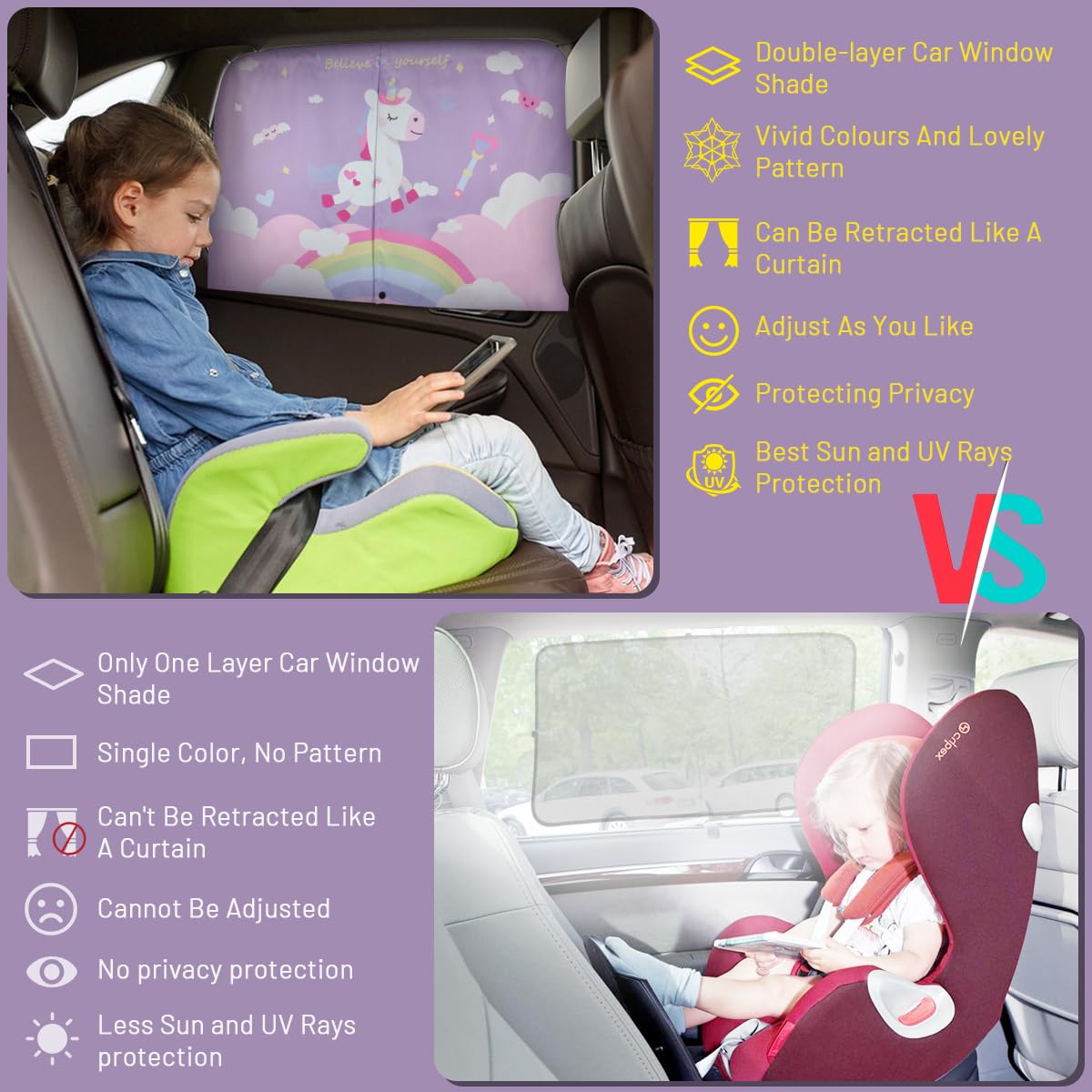 Car Window Shades, 2 Pcs Magnetic Double Layer Car Sun Shade For Side Windows Privacy Full Covers/Half Shade Options Unicorn Pat