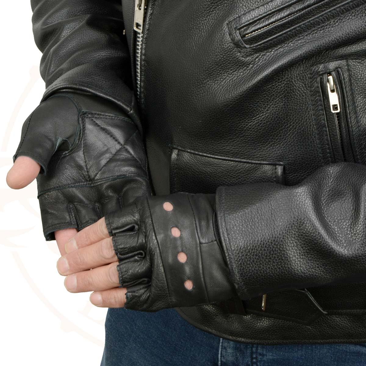 Milwaukee Leather Sh216 Men'S Black Leather Gel Padded Palm Fingerless Motorcycle Hand Gloves W/Breathable Open Knuckle - Xxx-La