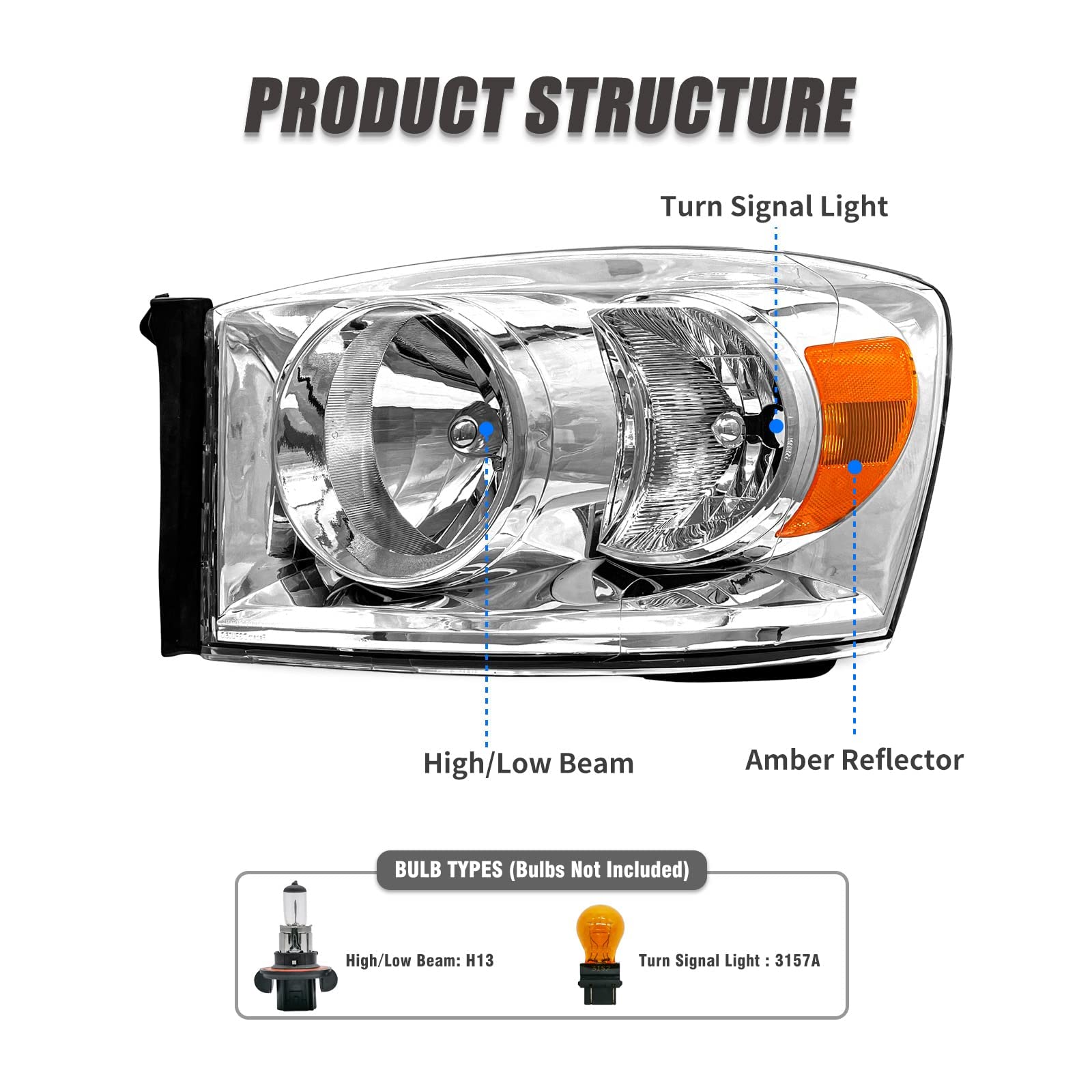Adcarlights Compatible With 2006-2009 Ram Headlight Assembly For 06-08 Dodge Ram 1500/06-09 Dodge Ram 2500 3500 Clear Lens Chrom
