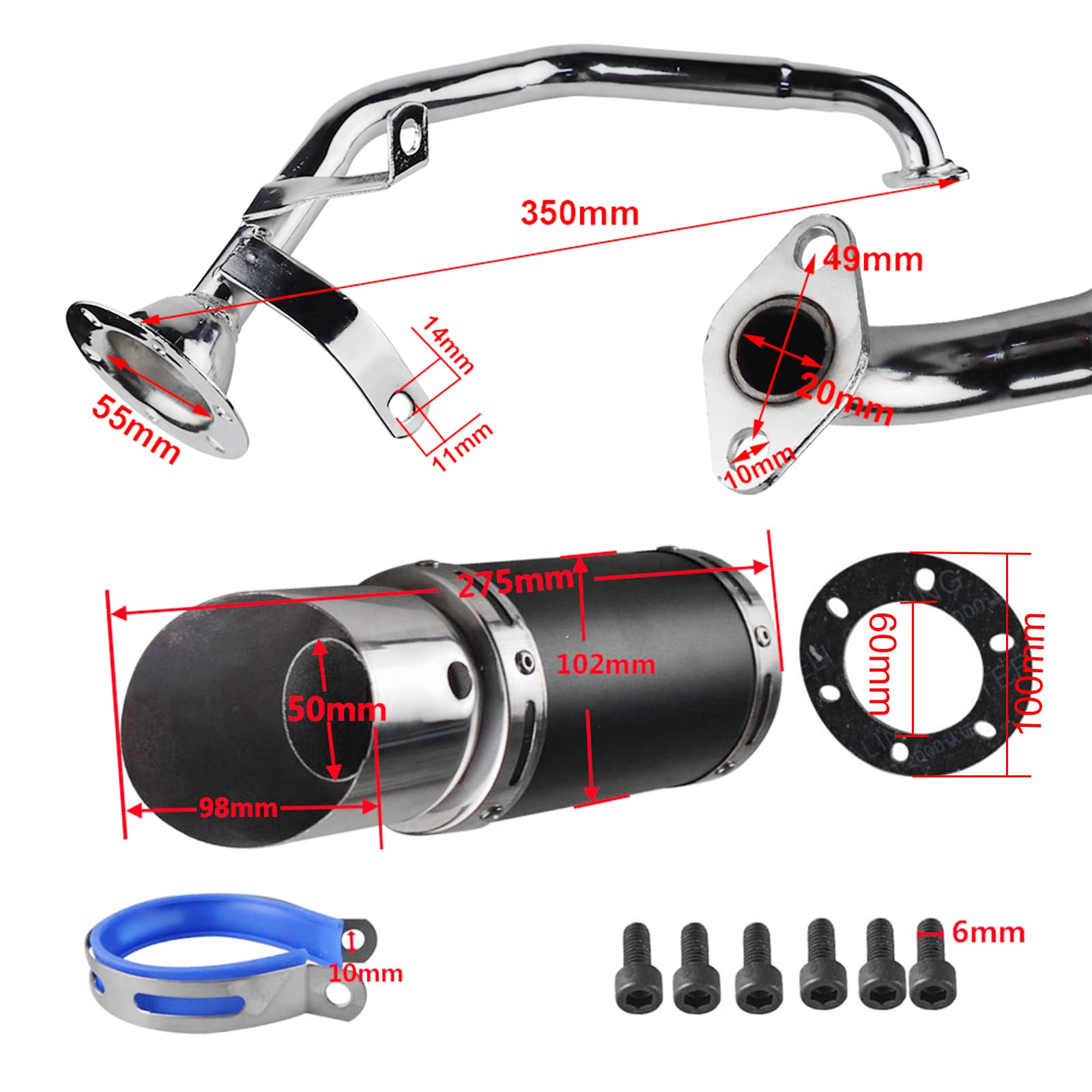 FLYPIG GY6 150cc Muffler Exhaust Pipe Kit for Chinese Scooter, ATV, Moped - Shorty Replacement for 125cc/150cc Models (Black)