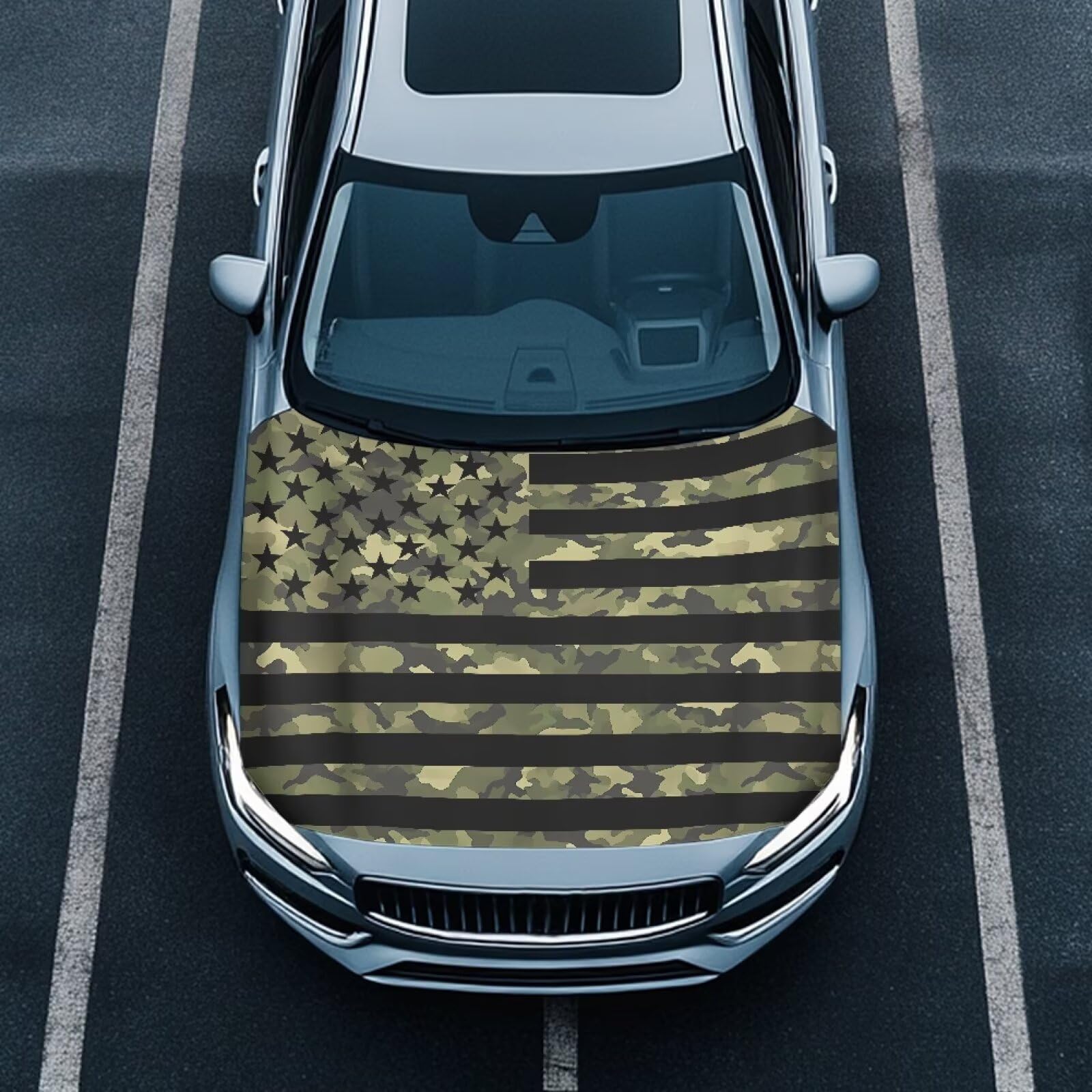 Qiyupavto Car Hood Cover, Green Camouflage American Flag Car Hood Protector Auto Hood Flag Waterproof Universal Auto Decorative