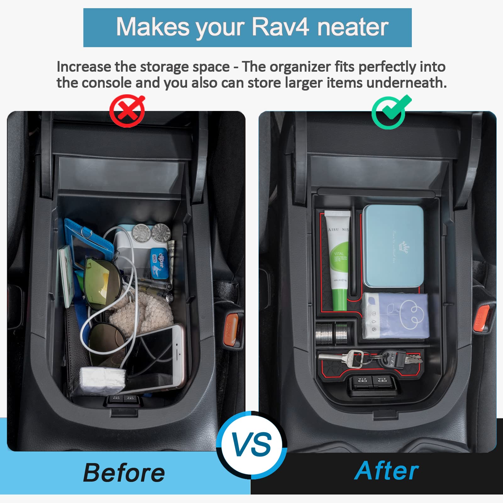 Topinstall Red Center Console Tray Compatible With Rav4 2023 2022 2021 2020 2019 Accessories, Armrest Box Organizer Insert Abs Plastic Storage Box