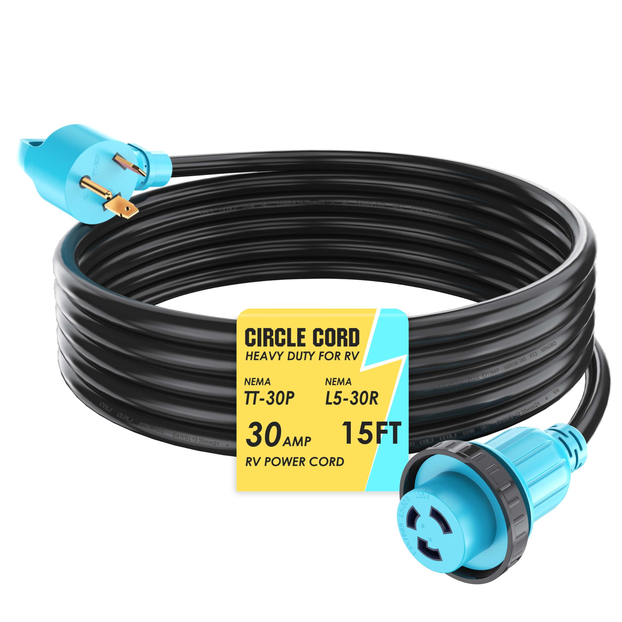 Circlecord 30 Amp 15 Feet Rv Power Cord Twist Locking, Heavy Duty 10 Gauge 3 Wire Stw Pure Copper Wire With Grip Handle, Tt-30P