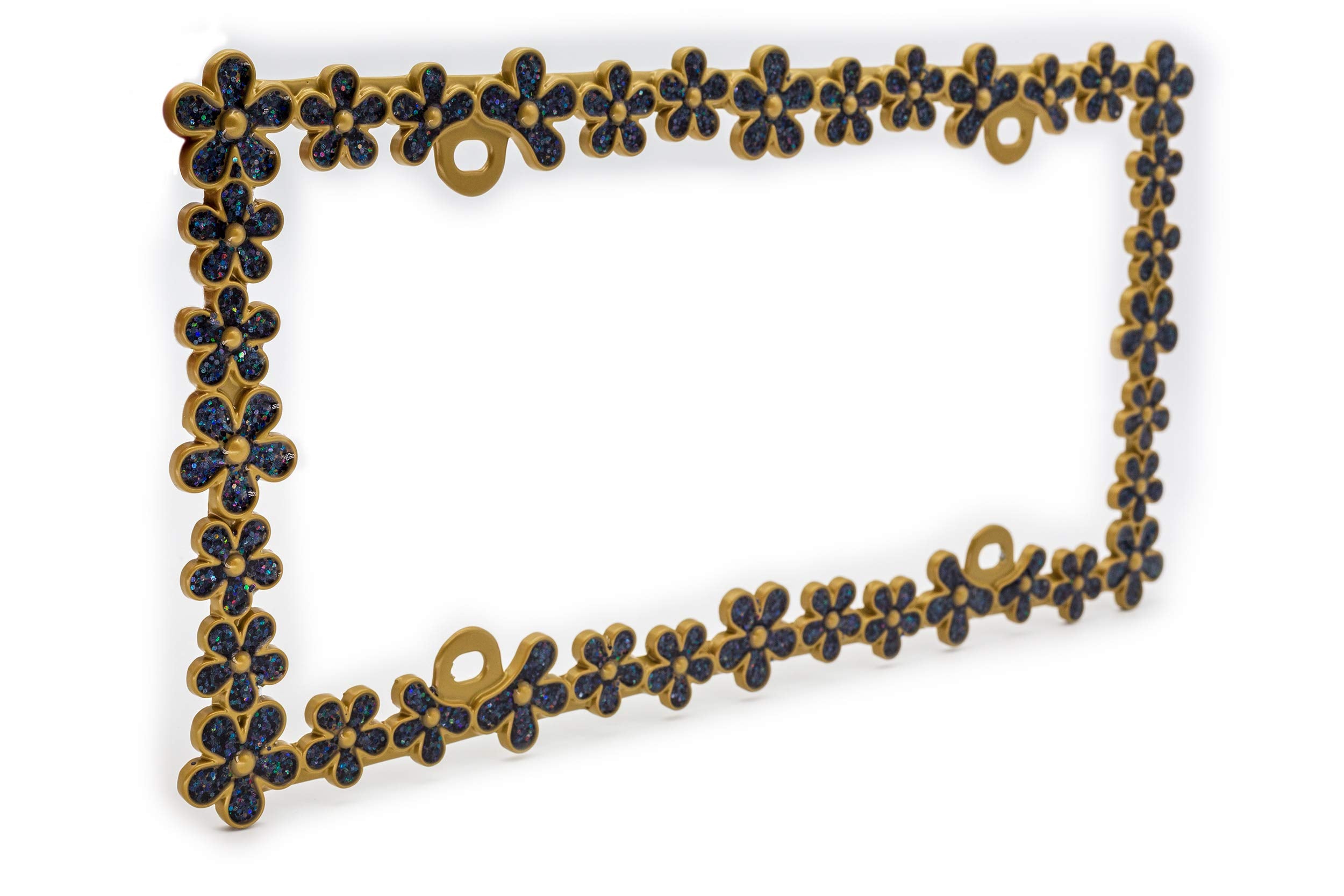 Creathome 3D Shining Daisy Wrenth License Plate Frame From Pure Zinc Alloy Metal Perfect Plate Holder,Matt Gold With Black Glitt