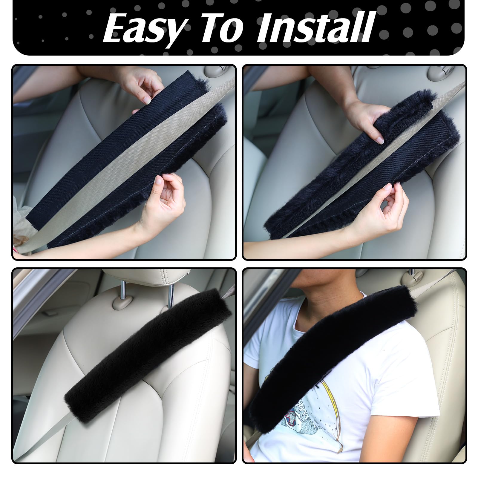 Boao 4 Pack Faux Sheepskin Car Seat Belt Pads Seatbelt Protector Soft Seat Belt Shoulder Strap Cover Comfort Harness Pad(Black,