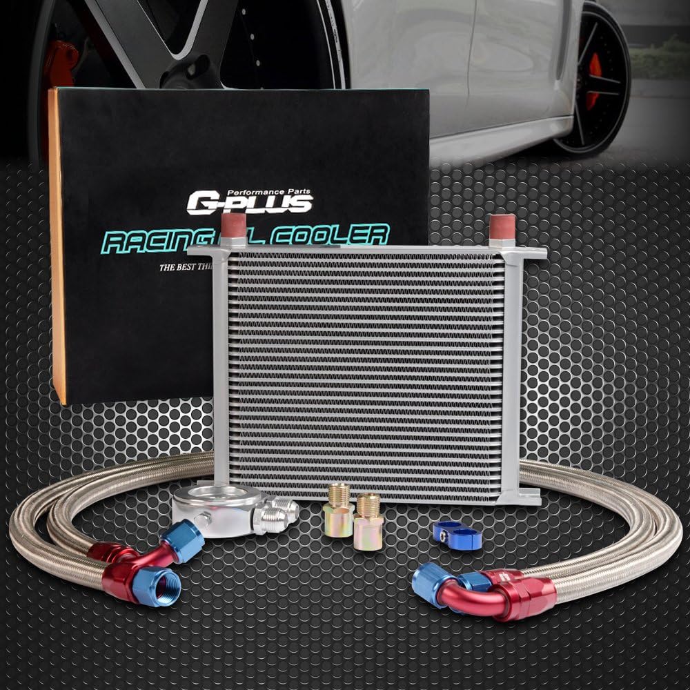 G-PLUS Universal 30 Row AN10 Universal Engina Transmission Oil Cooler & Filter Adapter Kit Aluminum Silver