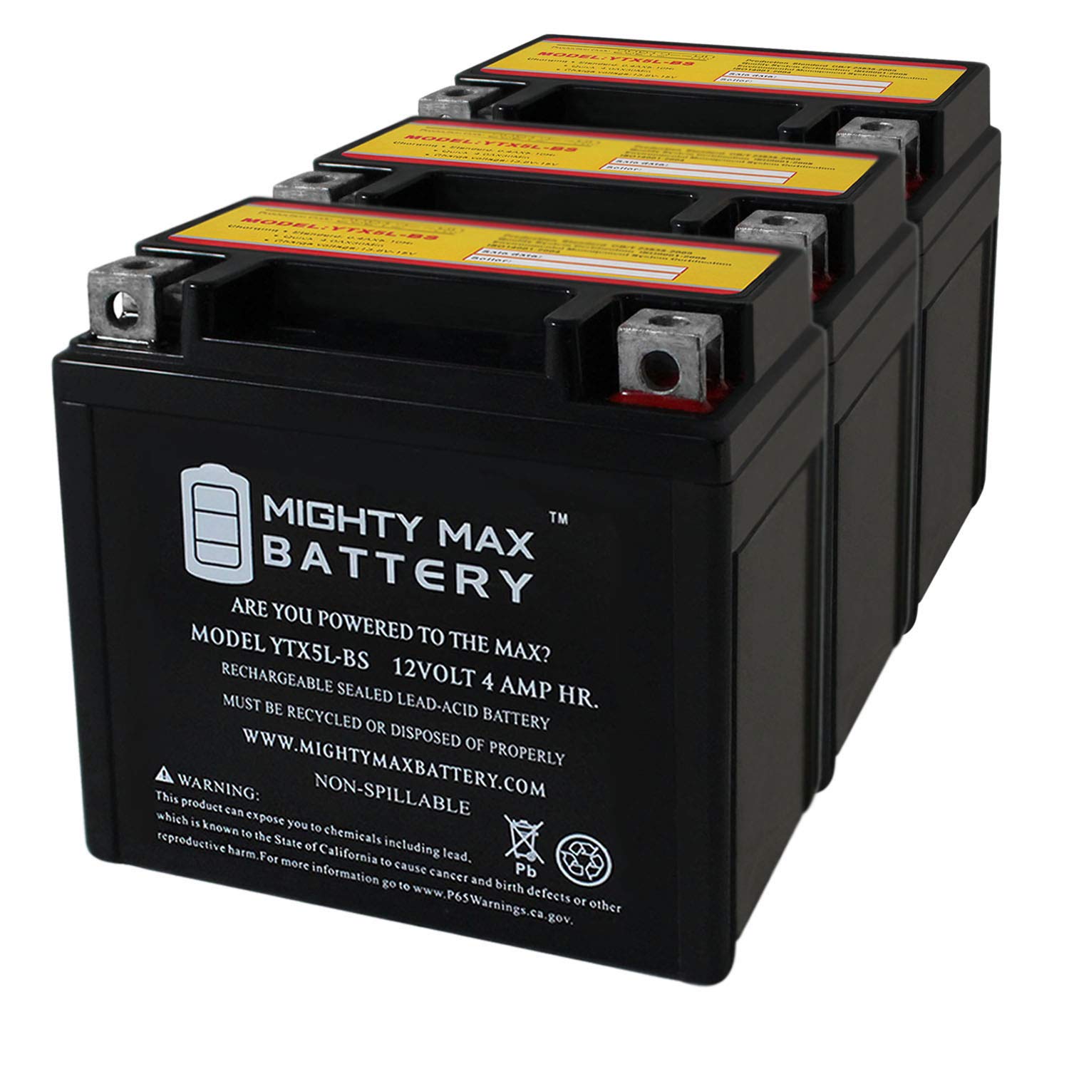Ytx5L-Bs -12 Volt 4 Ah, 80 Cca, Rechargeable Maintenance Free Sla Agm Motorcycle Battery - 3 Pack