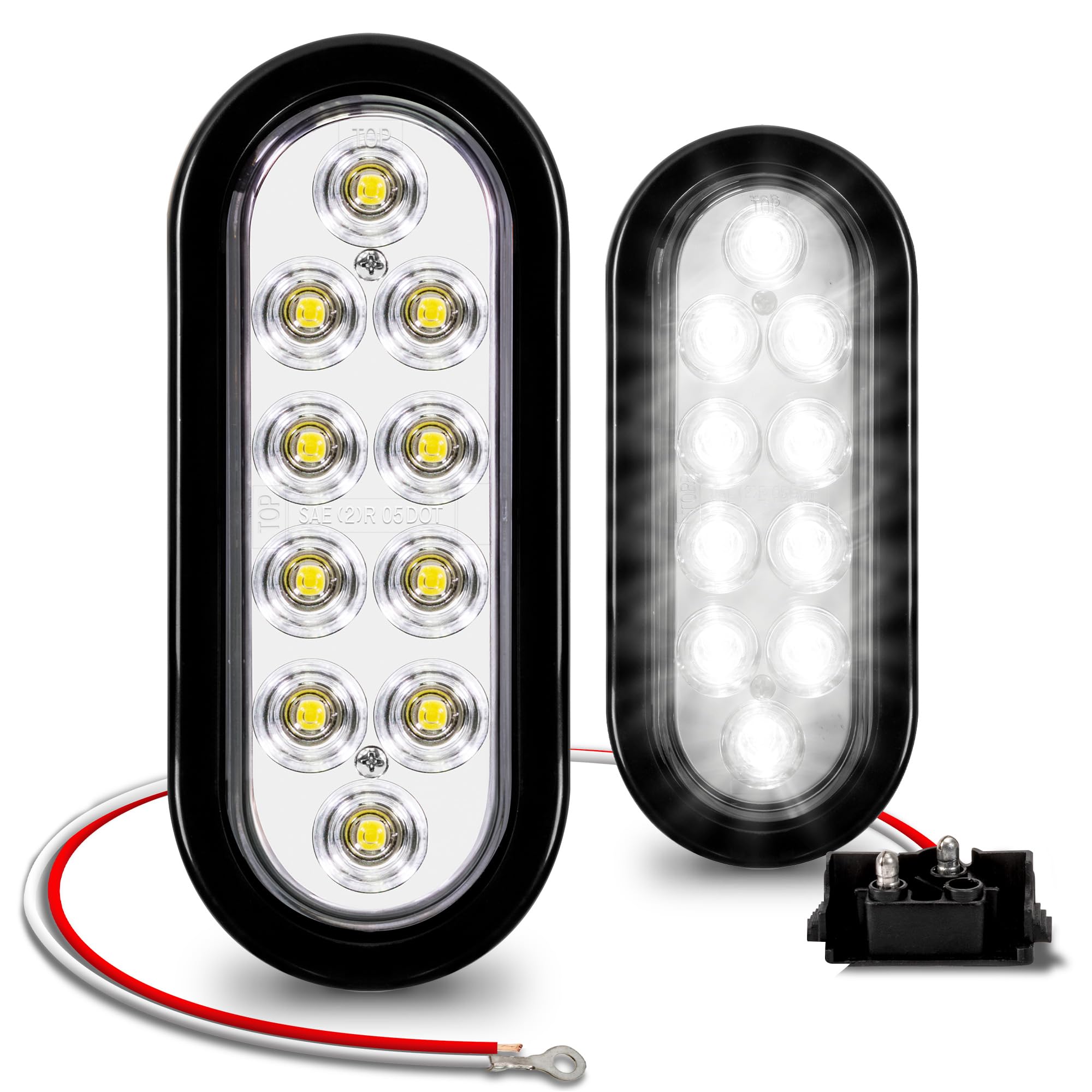 TRUE MODS 2pc 6 Inch Clear White Oval LED Reverse Trailer Tail Light Kit [DOT FMVSS 108] [SAE (2) R] [Grommet & 2 Prong Plug] [I