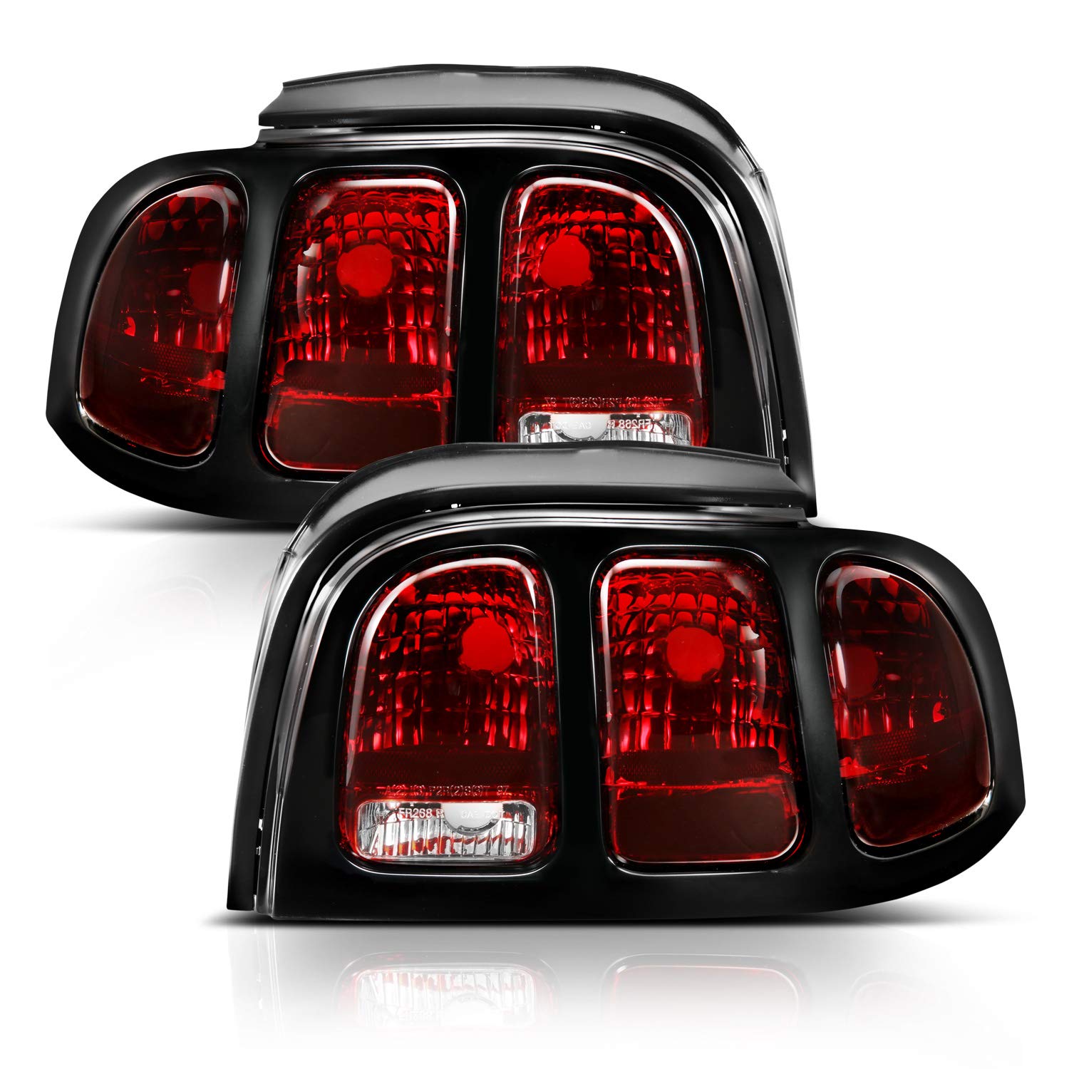 Amerilite For 1994-1998 Ford Mustang Black Housing Dark Red Oe Style Replacement Brake Tail Lights Set - Passenger And Driver Side