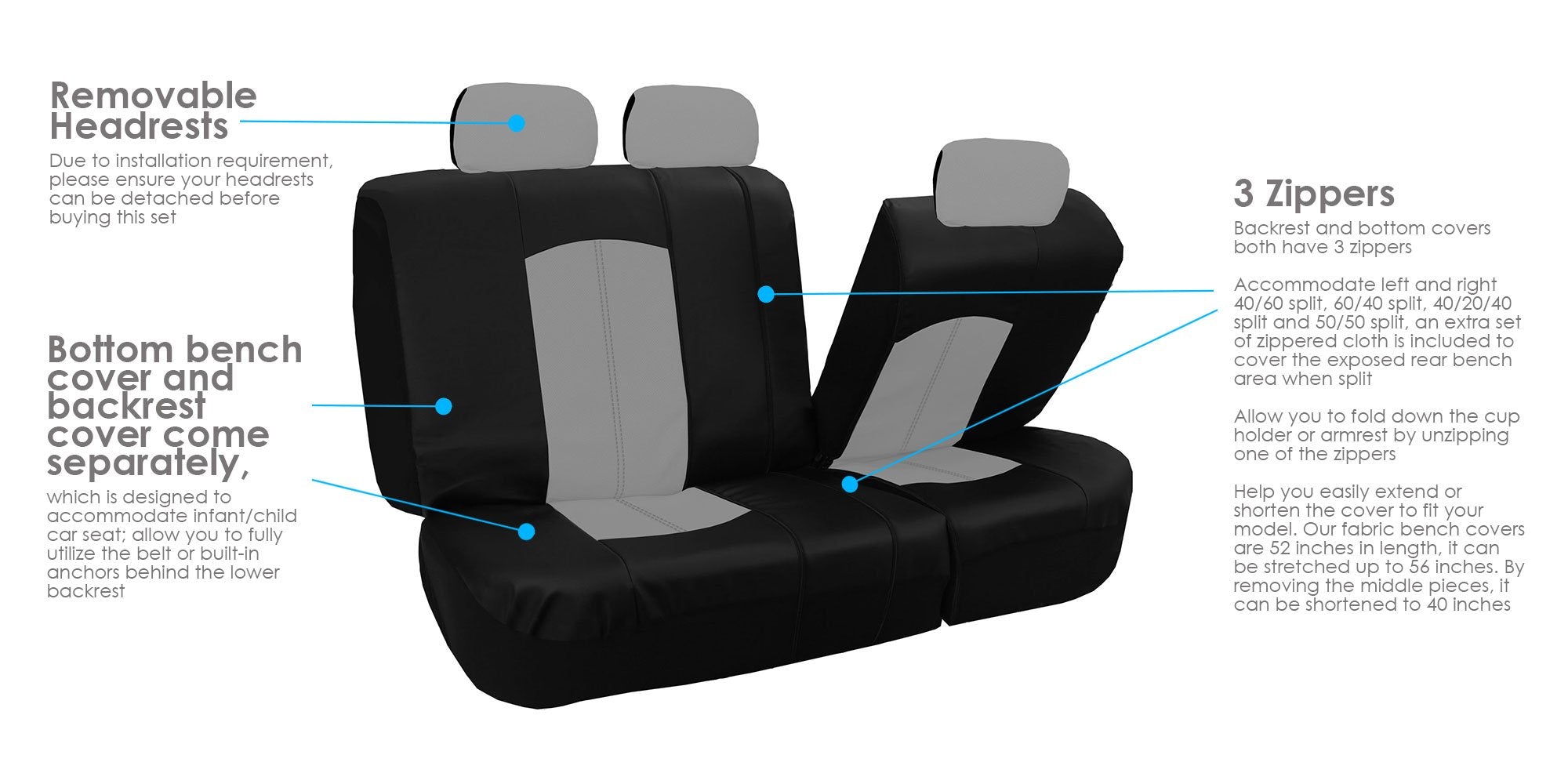 FH Group Highest Grade Faux Leather Split Bench Seat Cover, Rear Set - Universal Fit for Cars Trucks & SUVs (Gray/Black) PU00801