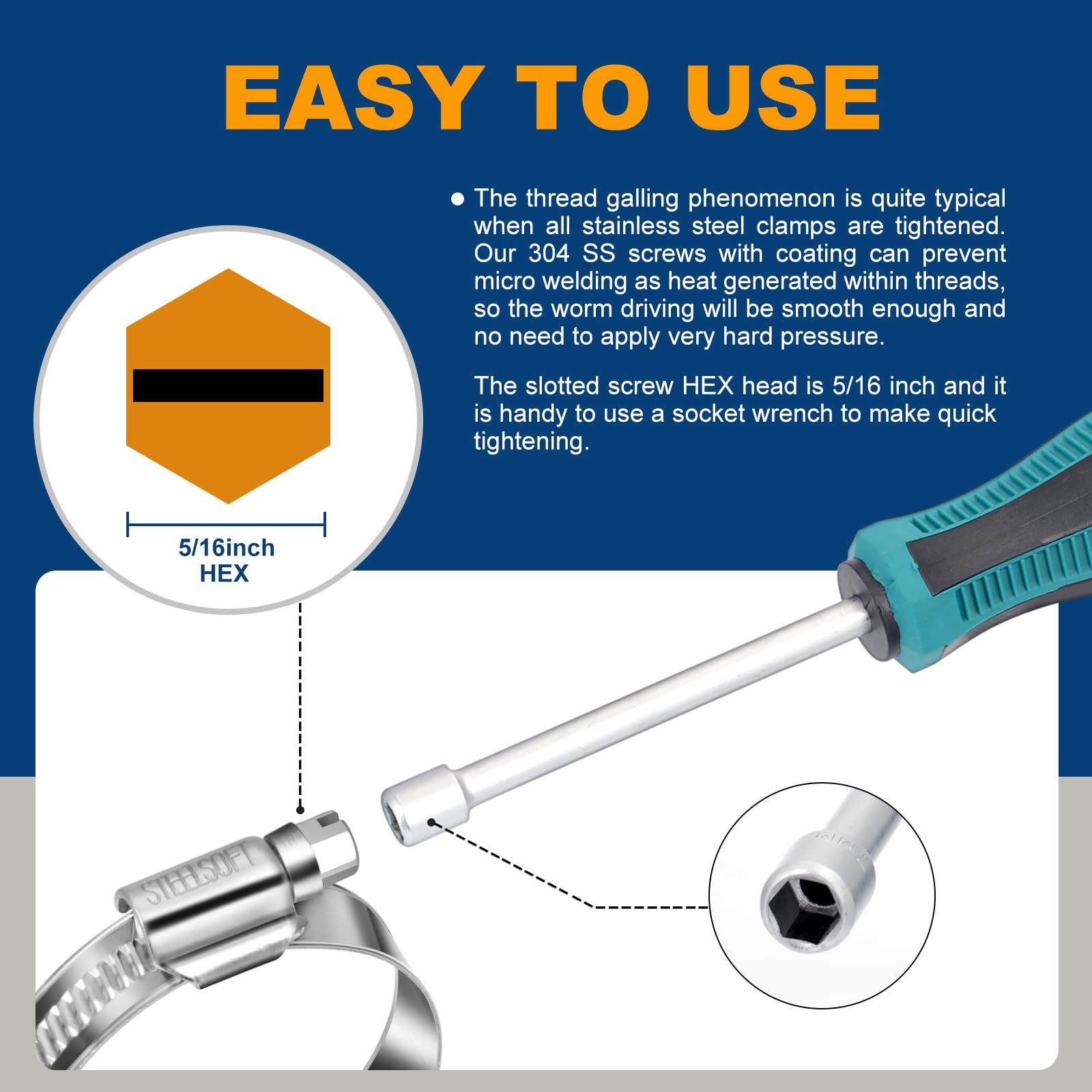 Steelsoft Non-Stripping Worm Gear Hose Clamp Size#28, 1-5/8 To 2-3/8 Inch Adjustable Stainless Steel Hose Clamps For Automotive,