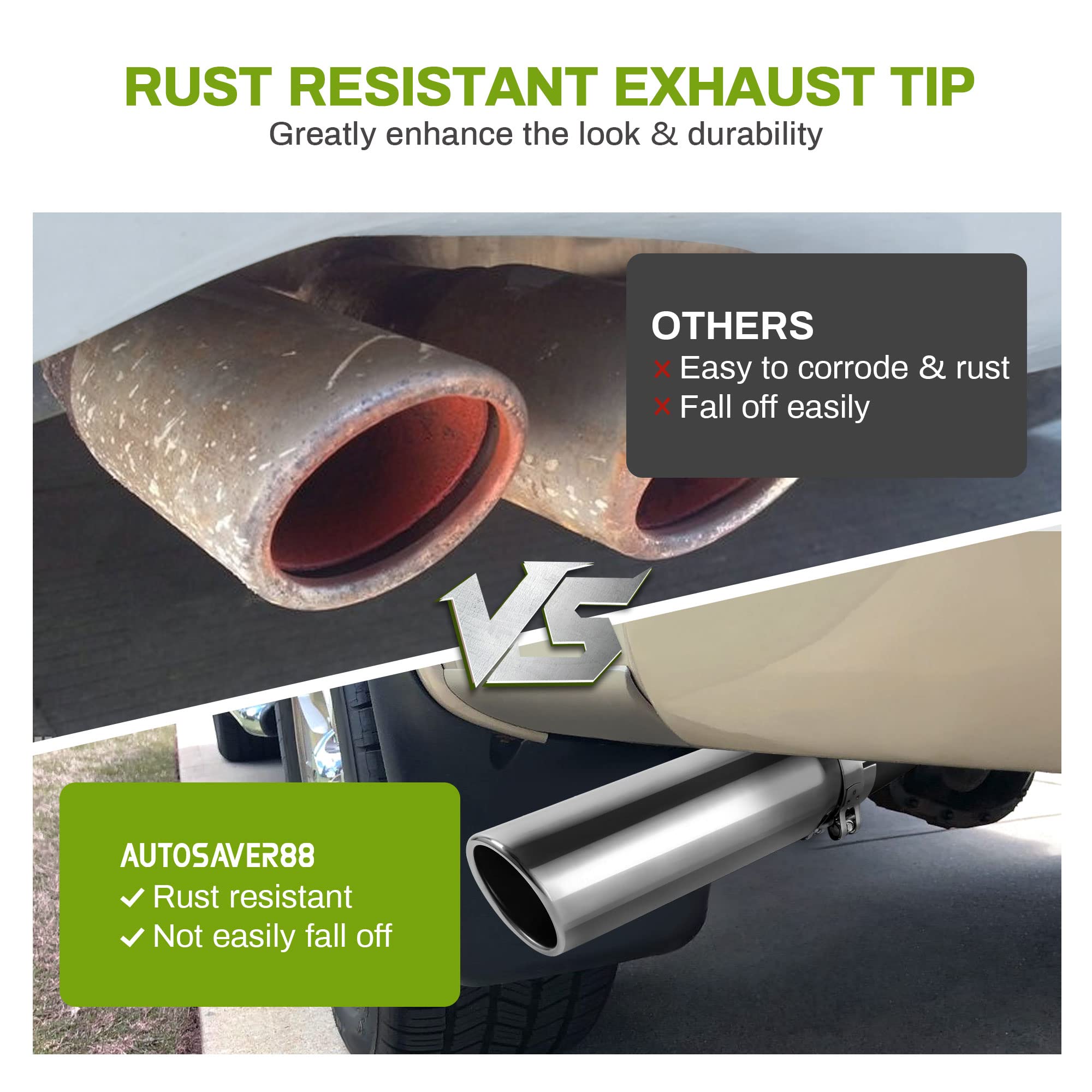 Autosaver88 2.5 Inch Inlet Exhaust Tip, 2.5 Inlet 3 Outlet 12 Overall Length Chrome-Plated Finish Stainless Steel Exhaust Tailpipe Tips For 2.5 Outer Diameter Tailpipe, Bolt/Clamp On, Universal