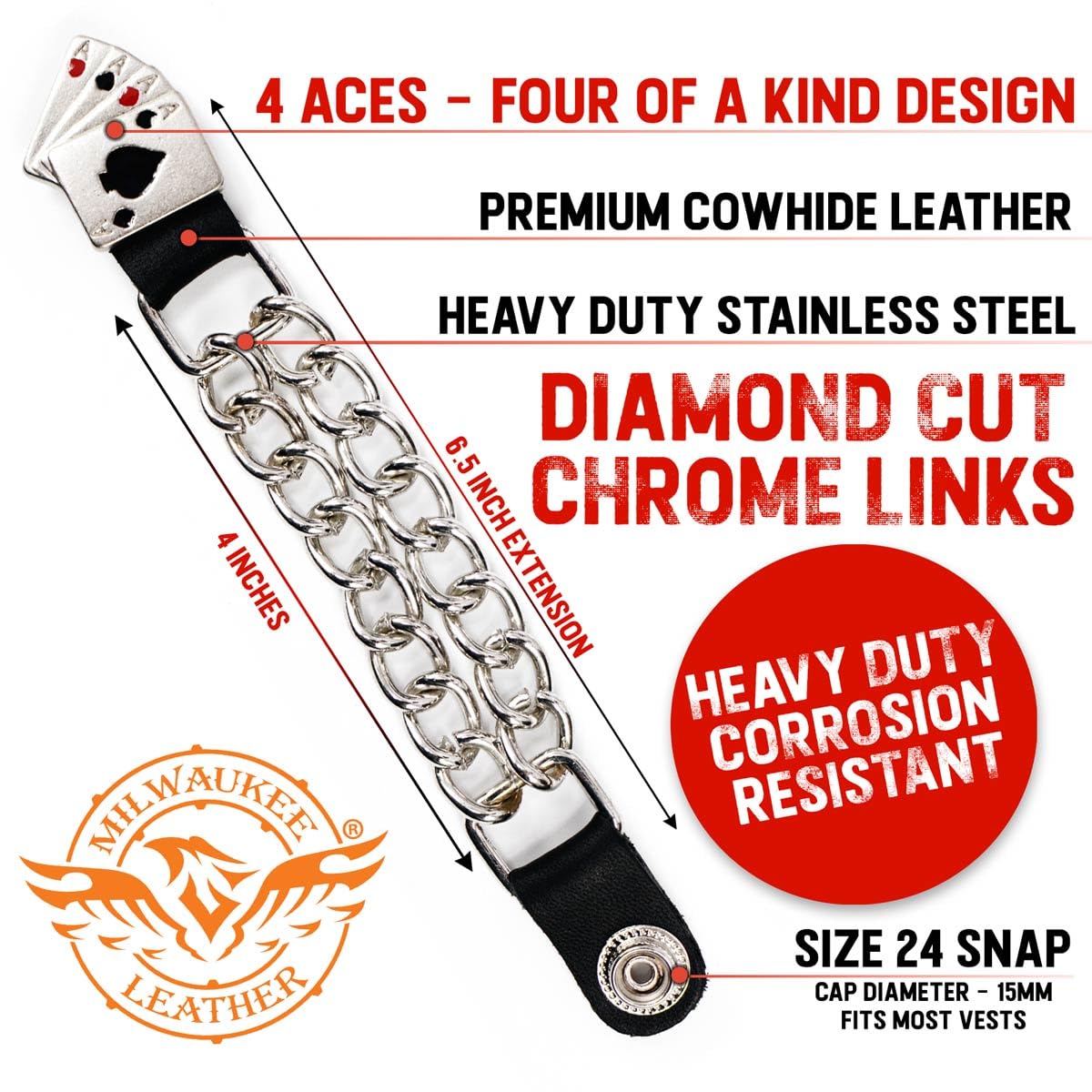 Milwaukee Leather 4 Aces Medallion Vest Extender - Double Chrome Chains Genuine Leather 6.5'' Extension 4-PCS MLA6007SET - 4 Inc