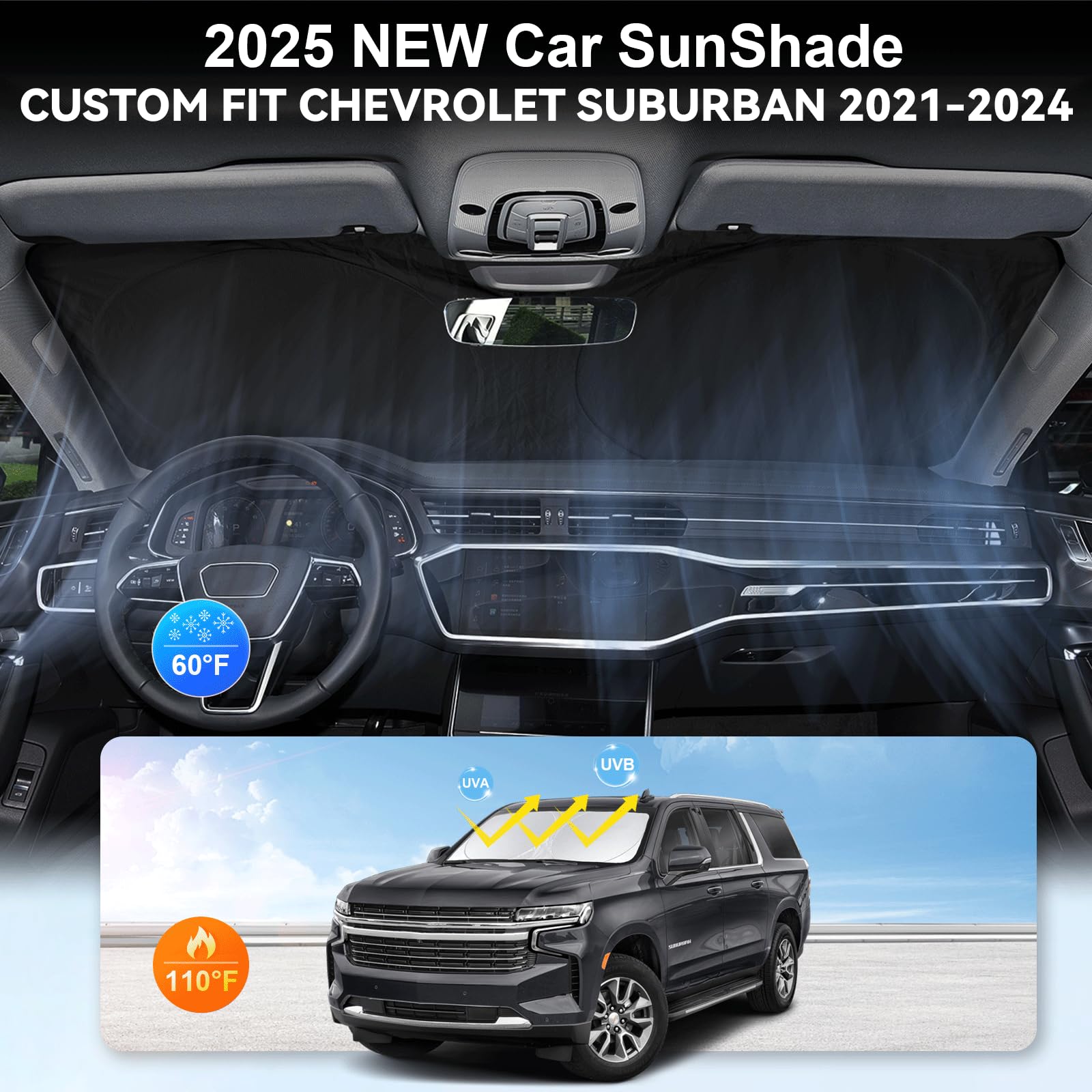 Sunshade For Suburban Windshield Sun Shade Custom Fit 2021-2023 2024 2025 Chevy Chevrolet Suburban Accessories Foldable Front Wi