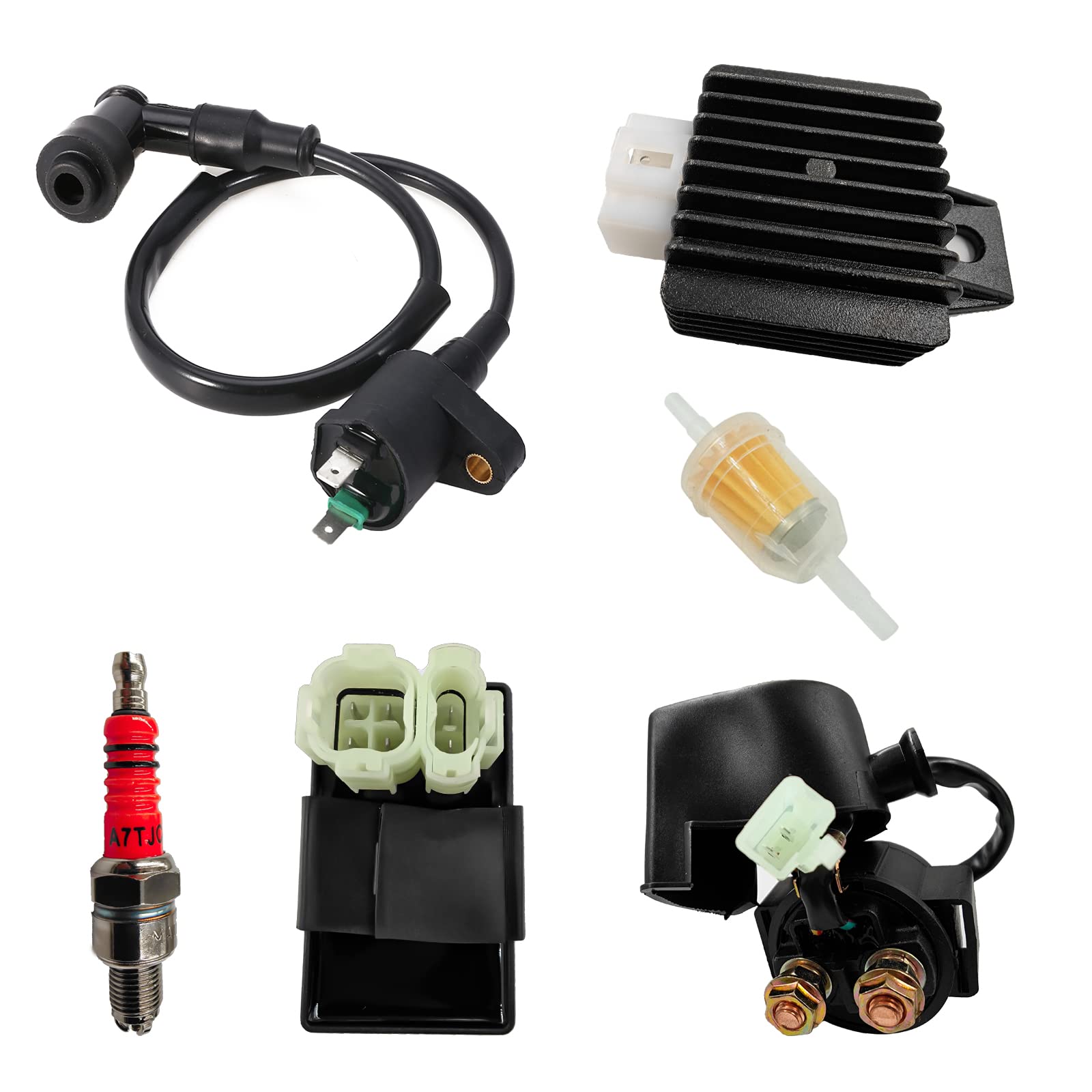 Gy6 Starter Solenoid Atv Ignition Coil 6 Pin Cdi Box Dc 4 Pin Rectifier Spark Plug Set For Tao Tao 50Cc 70Cc 90Cc 110Cc 125Cc 150Cc Moped Atv Scooter Pit Bike Go Kart