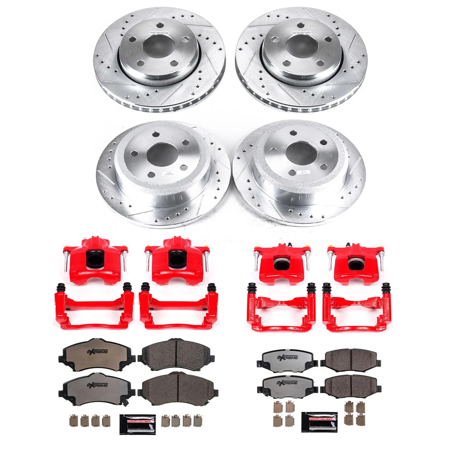 PowerStop Brake Kit for 2007-2018 Jeep Wrangler - Front & Rear Calipers, Drilled & Slotted Rotors, Carbon-Fiber Ceramic Pads, Model KC2798-36,