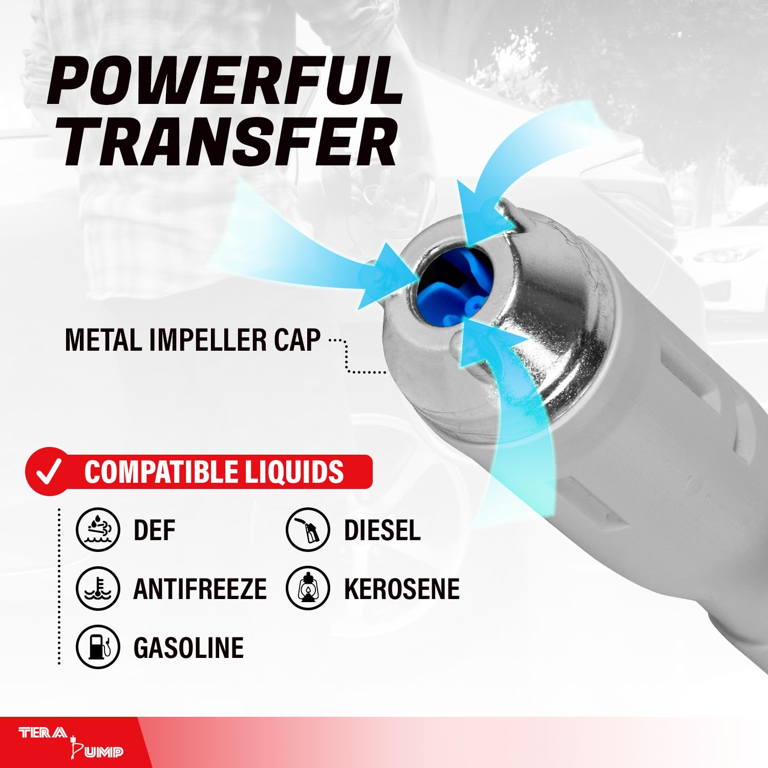 TeraPump 2nd Gen. TREP01-TXL E85 Electric Gas Transfer Pump - 2D Battery, 2.3 GPM, 10ft Upgraded Vinyl Hose with Quick Stop Flow