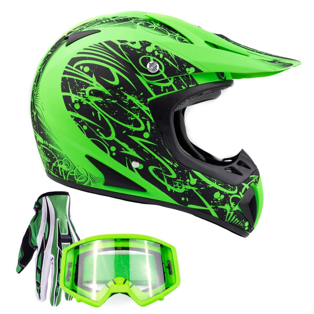 Typhoon Adult Atv Mx Helmet Goggles Gloves Gear Combo Matte Green W/ Green ( Small )