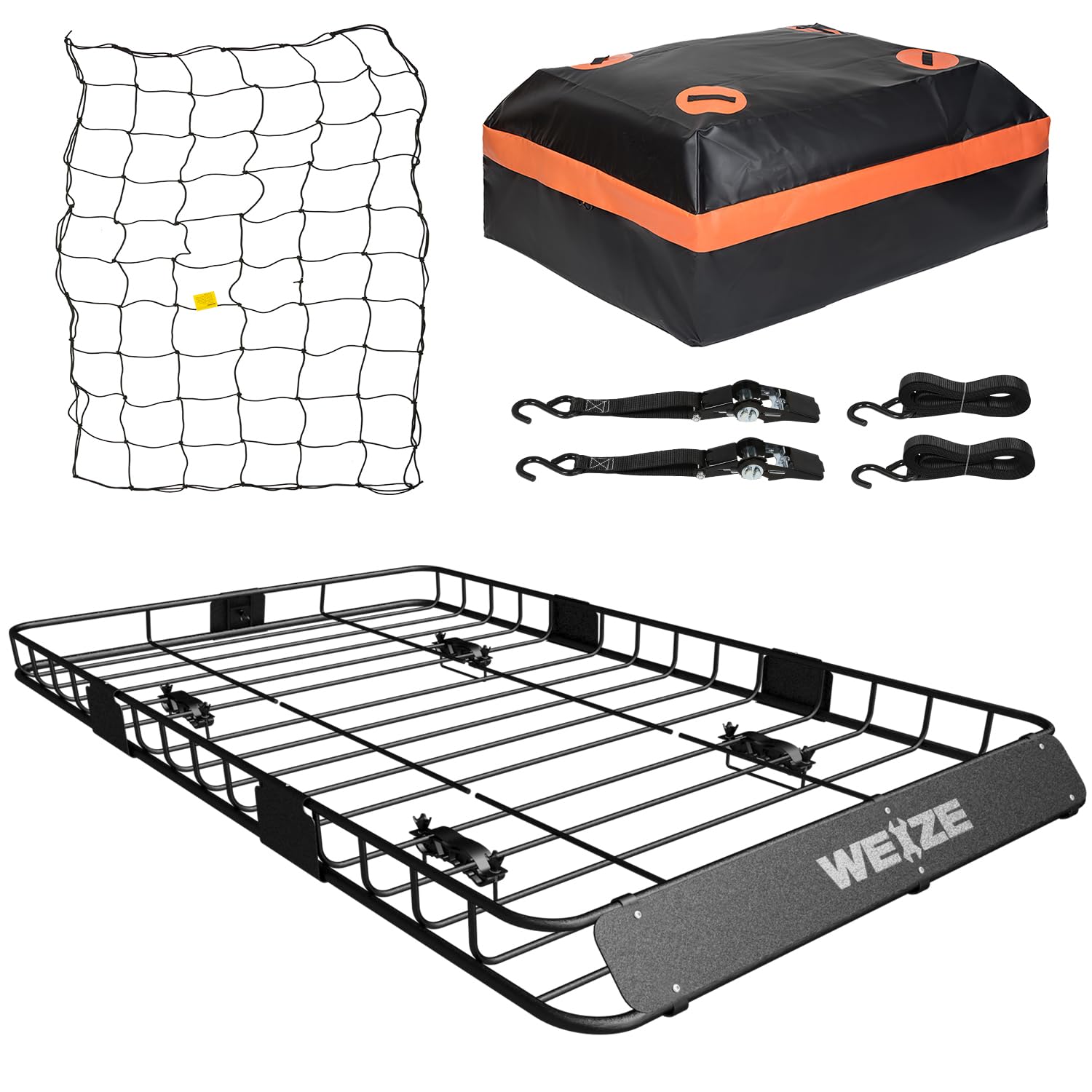 Weize 54'' X 34'' Heavy Duty Roof Rack, Rooftop Cargo Carrier Basket With Waterproof Bag, Tie Down Strap, Net, Rack Extension An