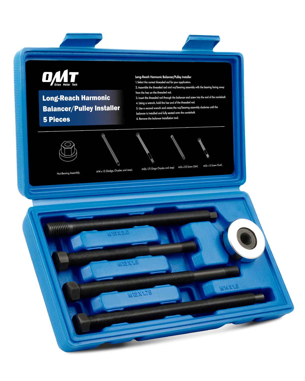 Orion Motor Tech Harmonic Balancer Installer Set, 5pc Long Reach Crank Pulley Underdrive Pulley Damper Installation Tool Kit wit