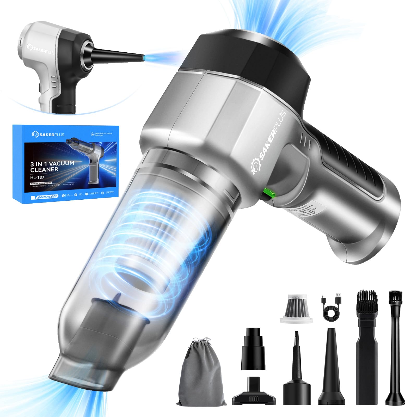 Sakerplus Mini Vacuum Cleaner, 3 In 1 Car Vacuum Cleaner High Power, 15000Pa Powerful Suction, Air Duster, 7500Mah, Dual Filter,