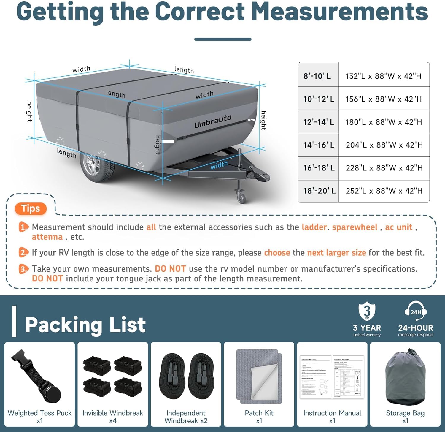 Umbrauto Pop Up Camper Cover Fits 18-20Ft, 7 Layers Top Tent Trailer Cover Waterproof Extra Thick Polypropylene Breathable Ripst