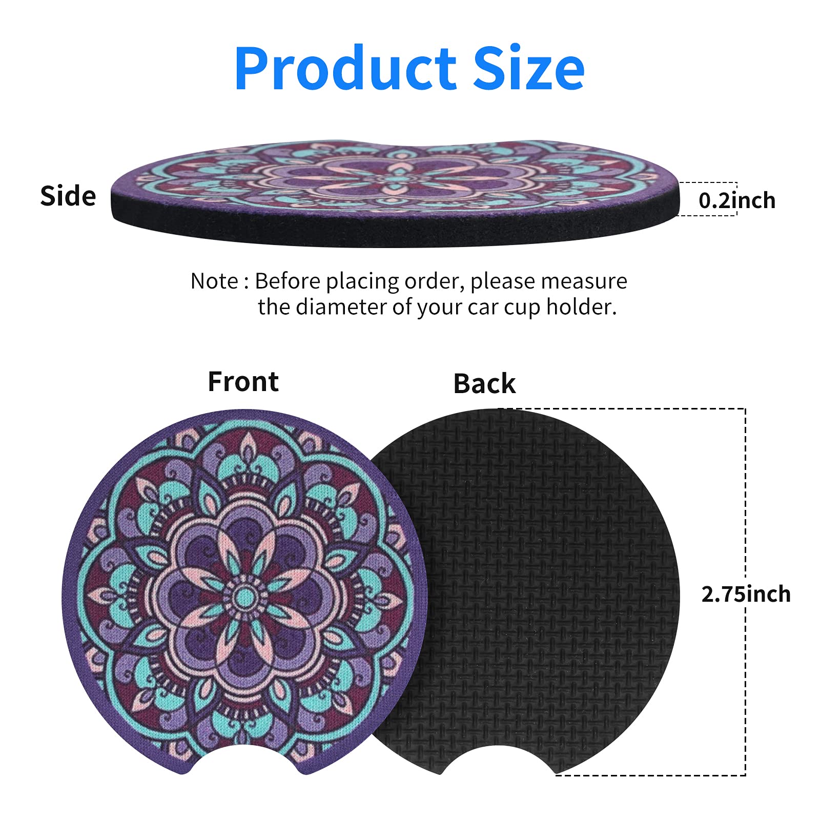 Tifanso Car Cup Holder Coaster, 2 Pack Car Coasters For Cup Holders, Cup Drink Holder Coasters For Car, Cute Car Accessories For Women And Girl (Mandala)
