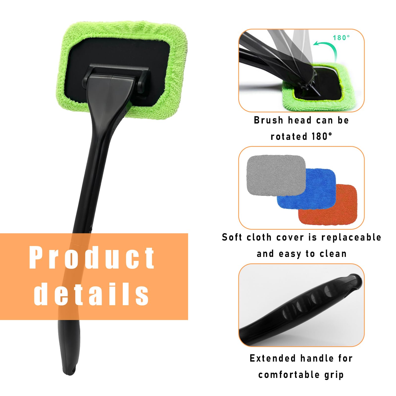 Ohleats Car Windshield Cleaning Tool, Microfiber Window Cleaner with 4 Washable and Reusable Cloth Pad & Long Handle, Auto Glass
