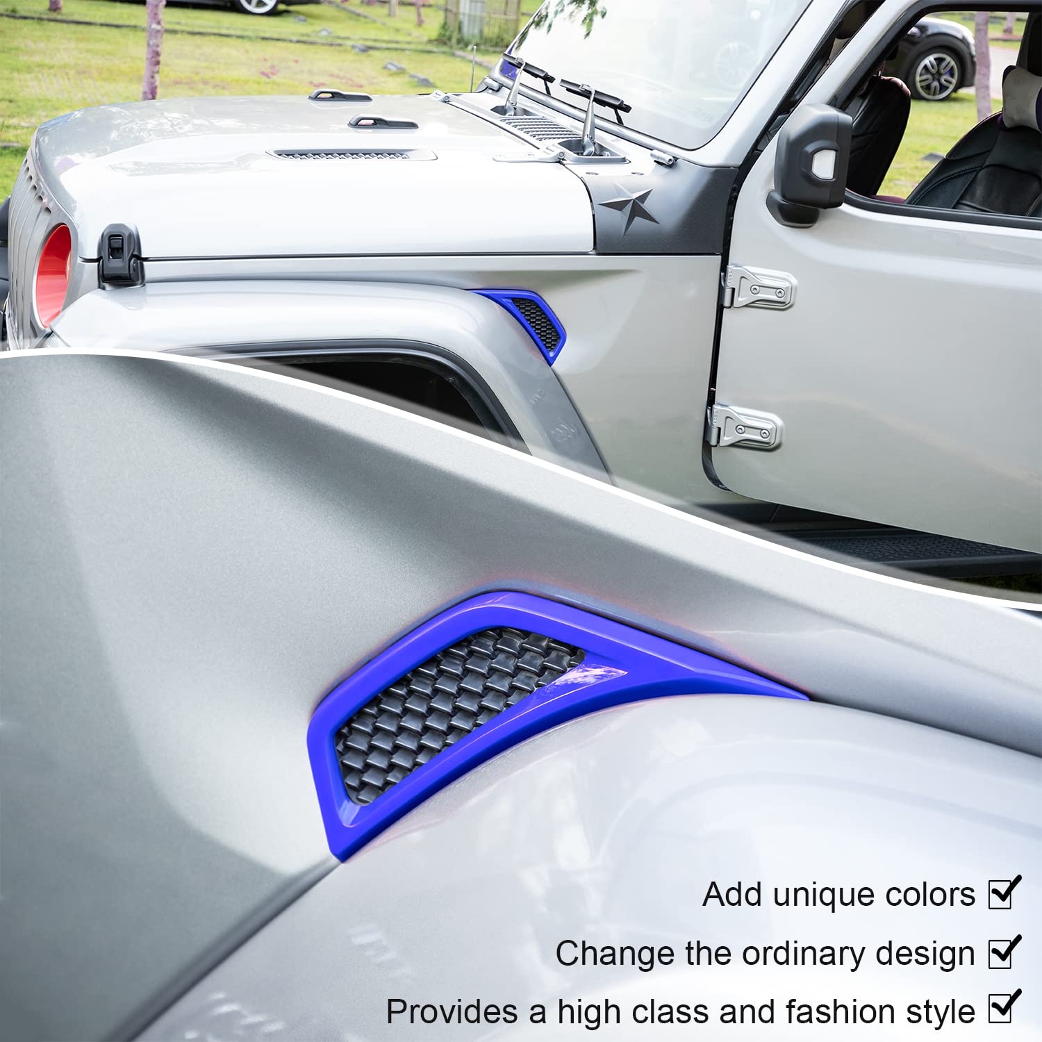 Bonbo 2Pcs Exterior Accessories Wheel Eyebrow Side Air Conditioning Vent Outlet Cover Trim For Jeep Wrangler Jl Jlu Sports Sahara Freedom Rubicon Unlimited Gladiator Jt 2018-2022 (Blue)