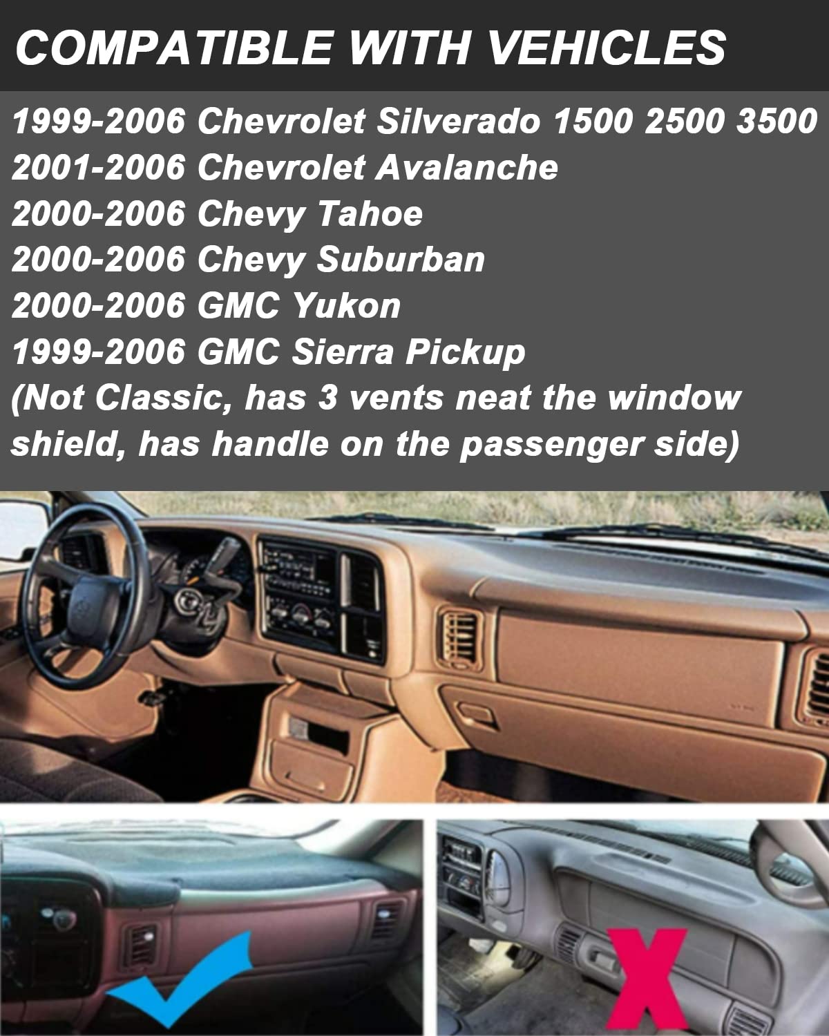 Posaid Dashboard Dash Board Cover Mat Carpet For 1999-2006 Chevrolet Silverado Gmc Sierra, 2000-2006 Chevy Avalanche Tahoe Subur