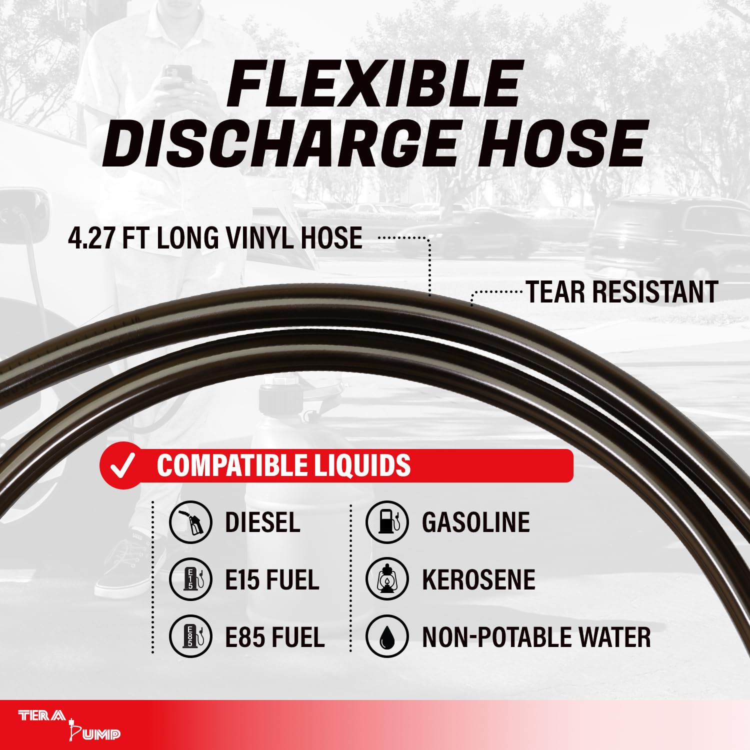 TERA PUMP Next Generation Rain-Resistant Gas Fuel Pump - 4.25-ft Long Vinyl Hose, Battery-Powered Electric Siphon Pump with Auto