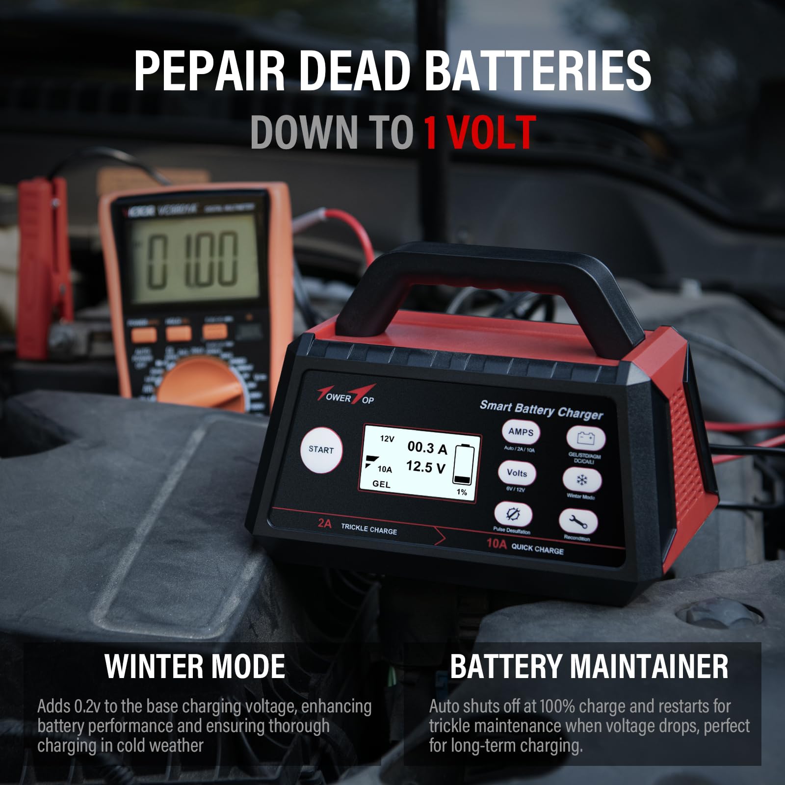 Towertop Smart Car Battery Charger: 10A Battery Chargers 6V/12V Boat Battery Chargers With Auto Desulfator, Repair, Maintainer,