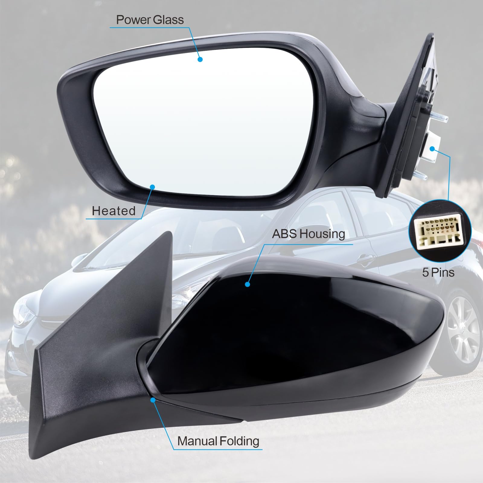 Left Driver Side Mirror Compatible With 2011 2012 2013 Hyundai Elantra With Manual folding Power Glass Heated Black Replace#HY13