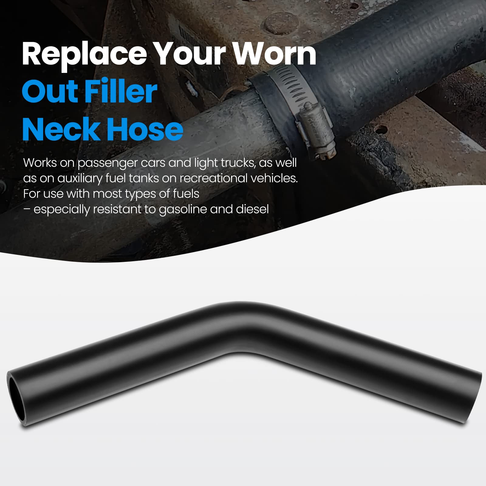 Tkkeuep Gasoline Fuel Filler Neck Hose With 4 Clamps, 2.5 Inches Inside Diameter, Reinforced Gas Tank Hose (45 Degree, 2.5'' Id)