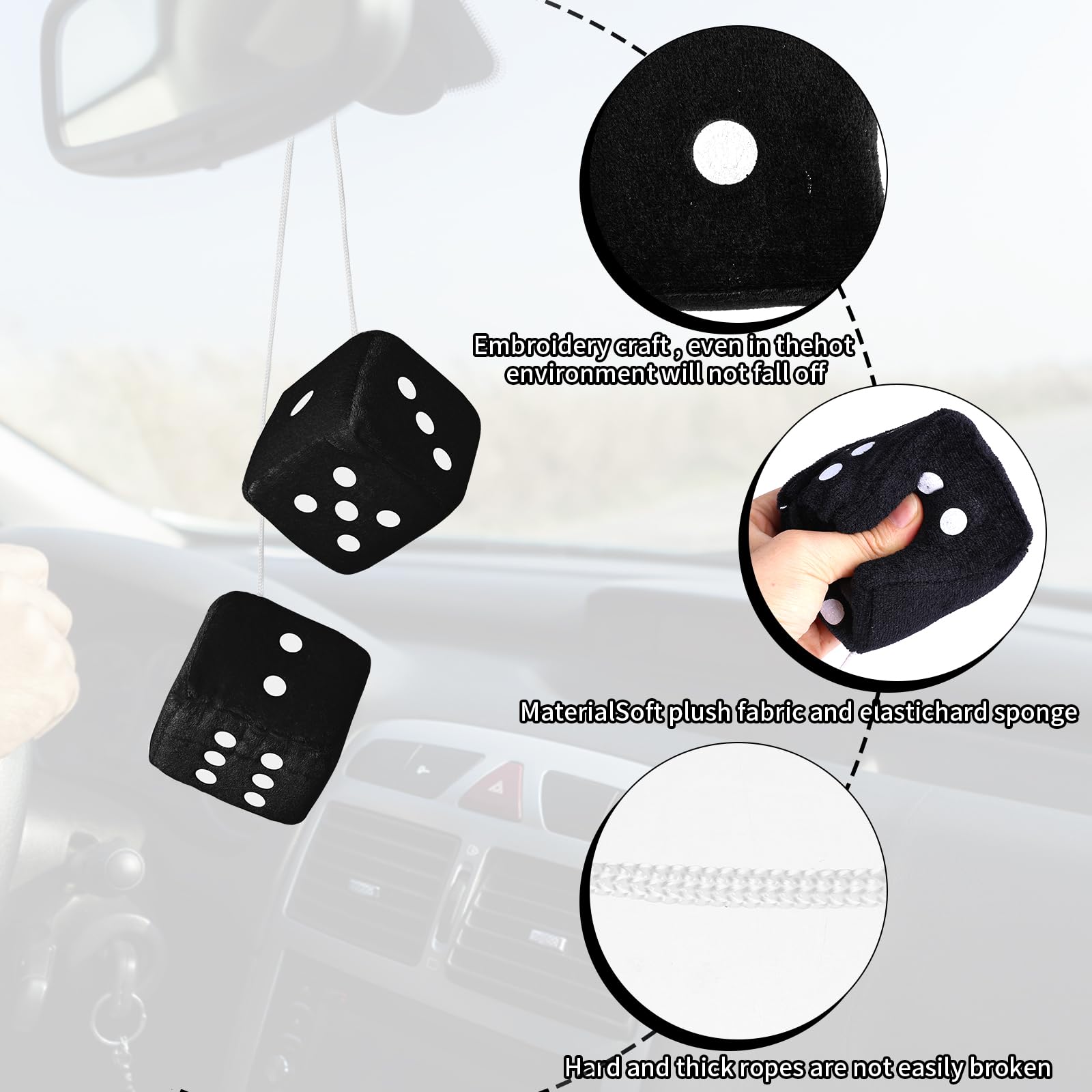 Fuzzy Dice For Rear View Mirror, Black Fuzzy Dice For Car Mirror, 2.75Inch Pair Of Plush Retro Square Hanging Dice With White Do