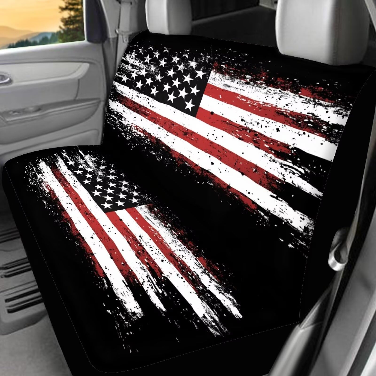 KEIAHUAN 4th of July Car Seat Cover Full Set American Flag Patriotic Breathable Car Front Seat Cover and Rear Bench Cover Set of